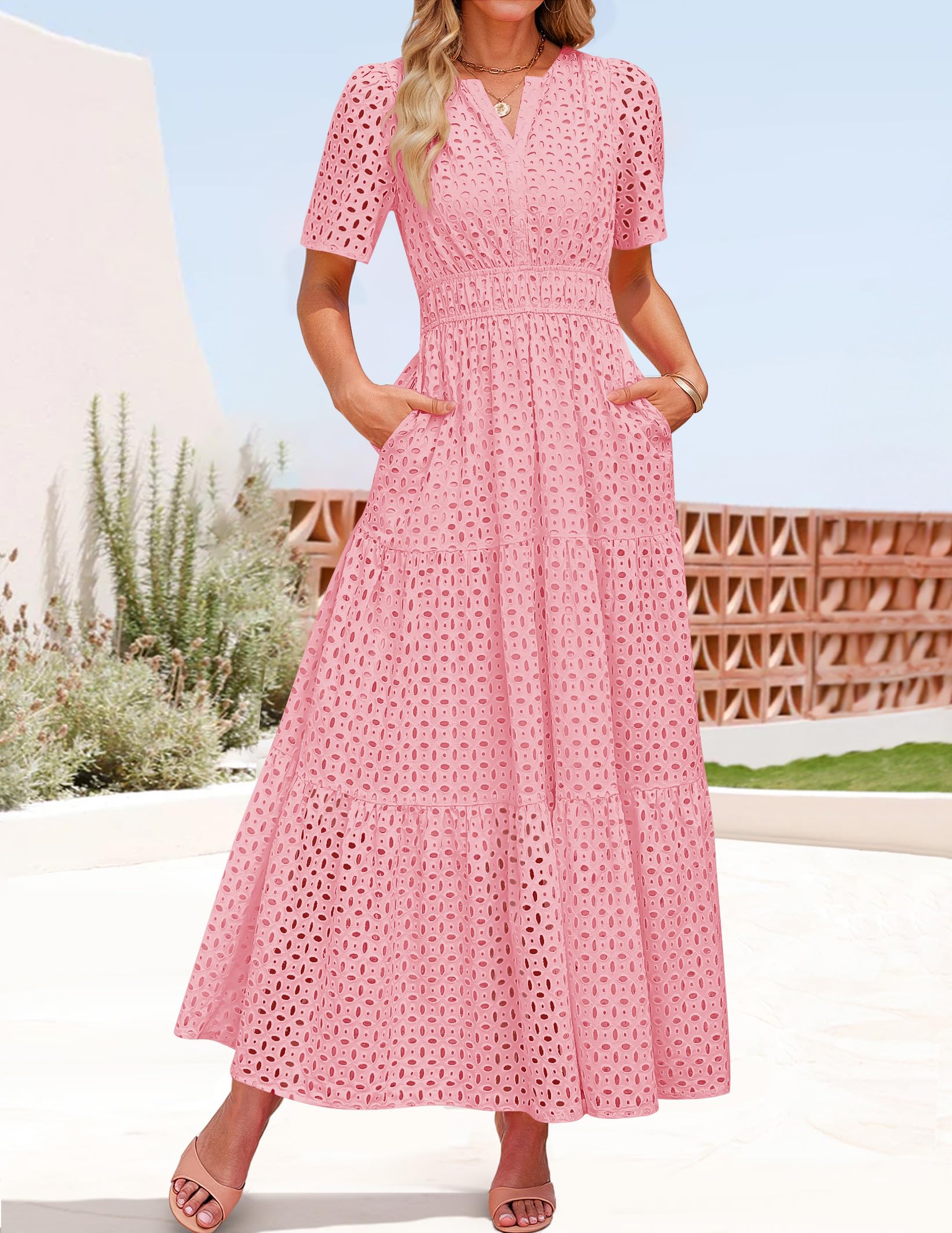 Foto 3 | Vestido Largo Zesica 2025 De Verano Con Manga Corta Y Cuello En V Para Mujer - Venta Internacional.