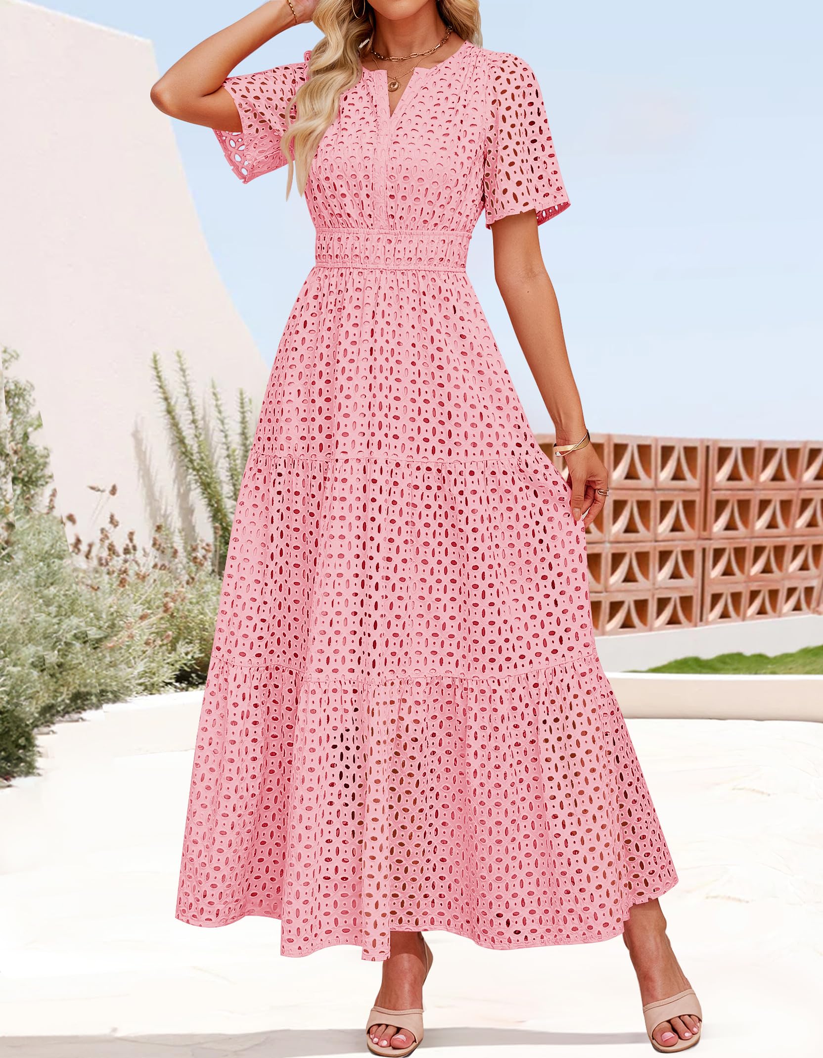 Foto 5 pulgar | Vestido Largo Zesica 2025 De Verano Con Manga Corta Y Cuello En V Para Mujer - Venta Internacional.