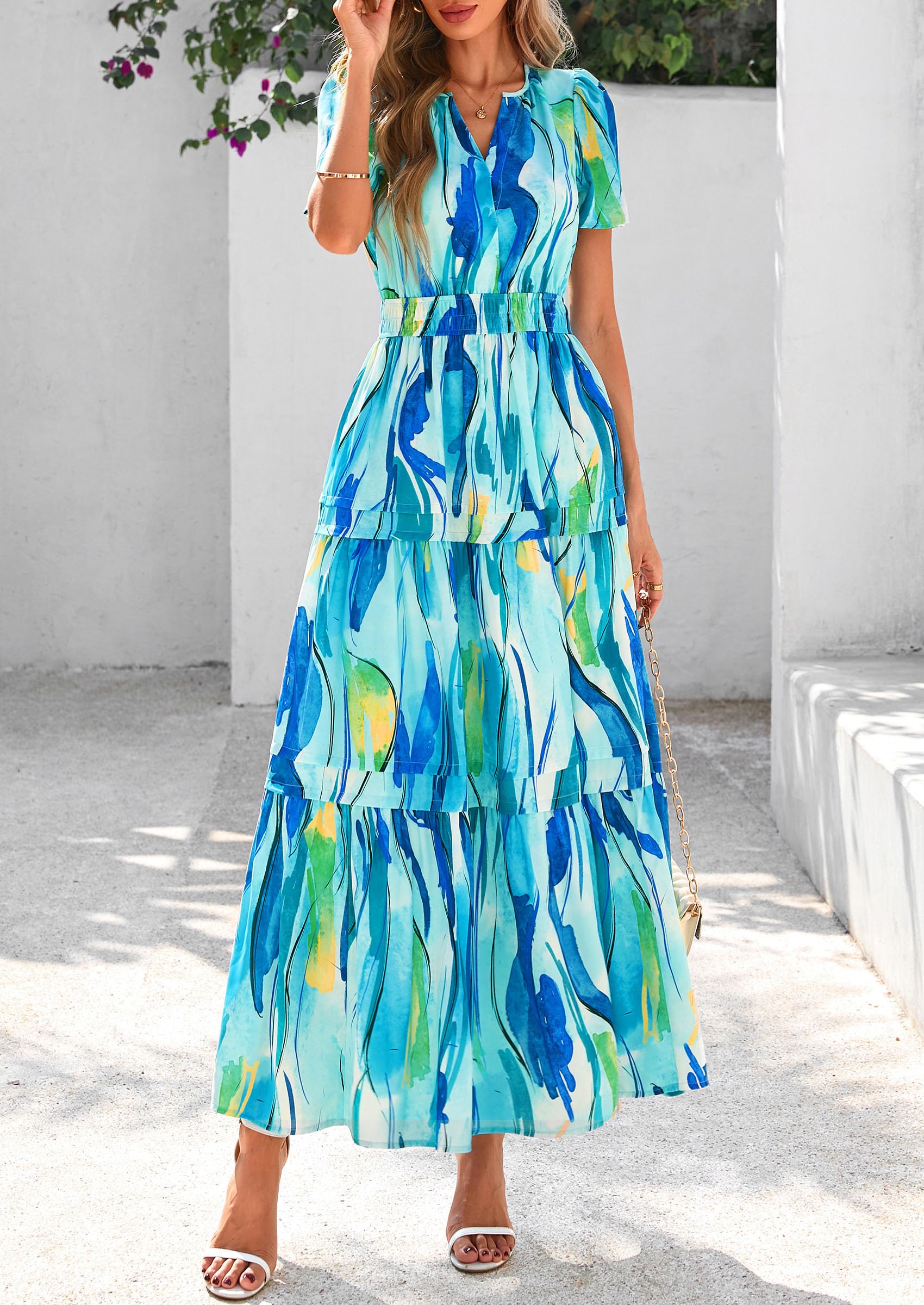 Foto 4 pulgar | Vestido Largo Prettygarden Para Mujer, Estilo Bohemio, Floral, Azul - Venta Internacional.