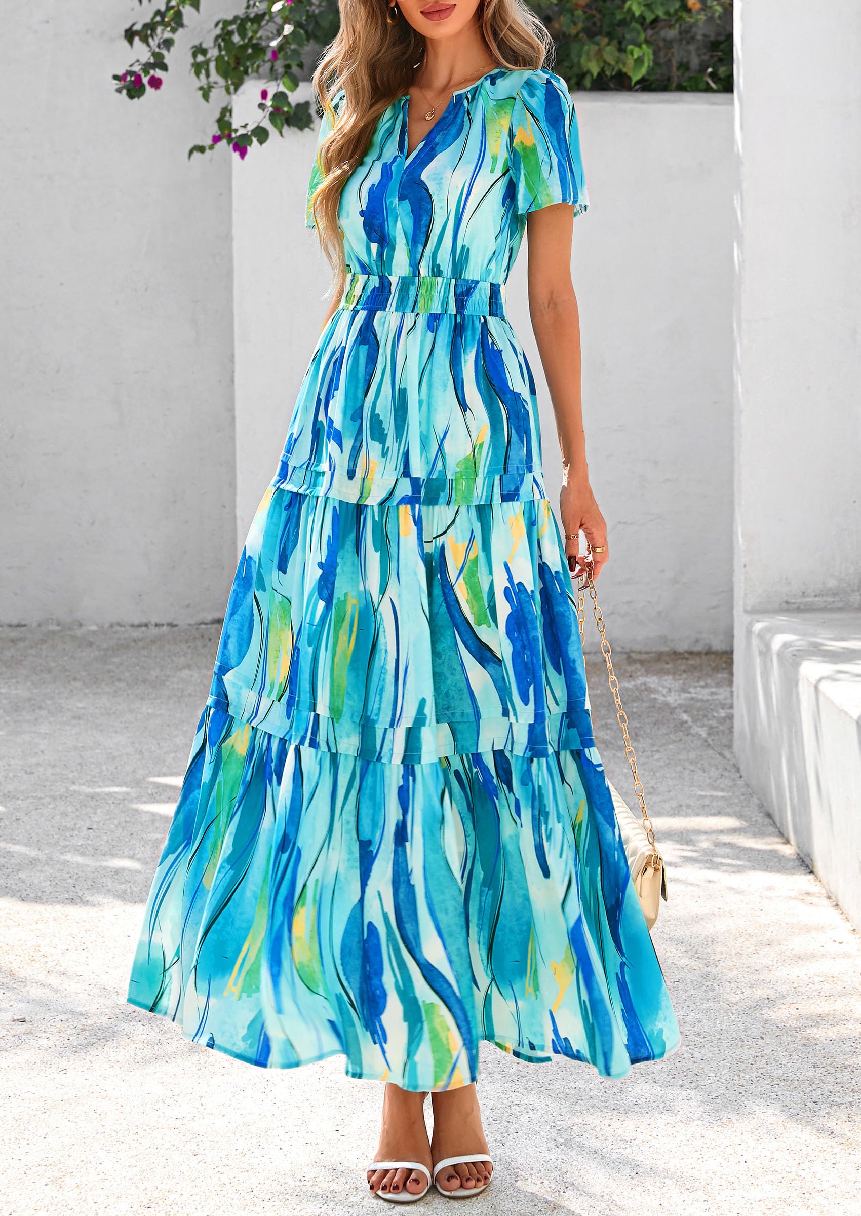 Foto 4 | Vestido Largo Prettygarden Para Mujer, Estilo Bohemio, Floral, Azul - Venta Internacional.