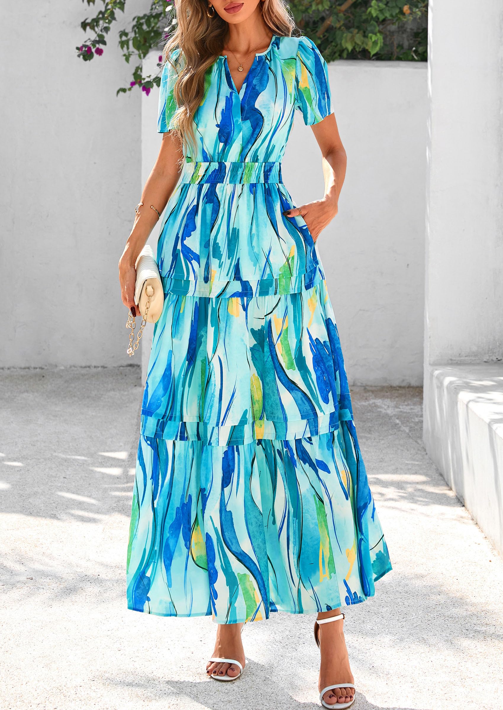Foto 8 pulgar | Vestido Largo Prettygarden Para Mujer, Estilo Bohemio, Floral, Azul - Venta Internacional.