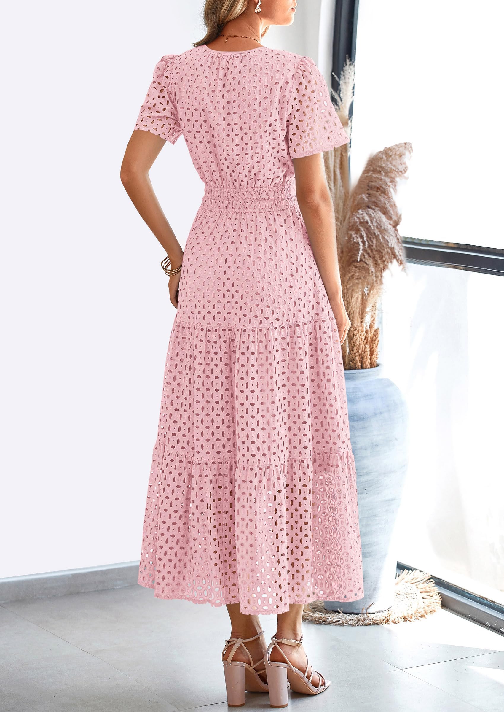 Foto 2 | Vestido Largo Prettygarden 2025, Verano, Cuello En V, Con Ojales, Algodón Rosa - Venta Internacional.