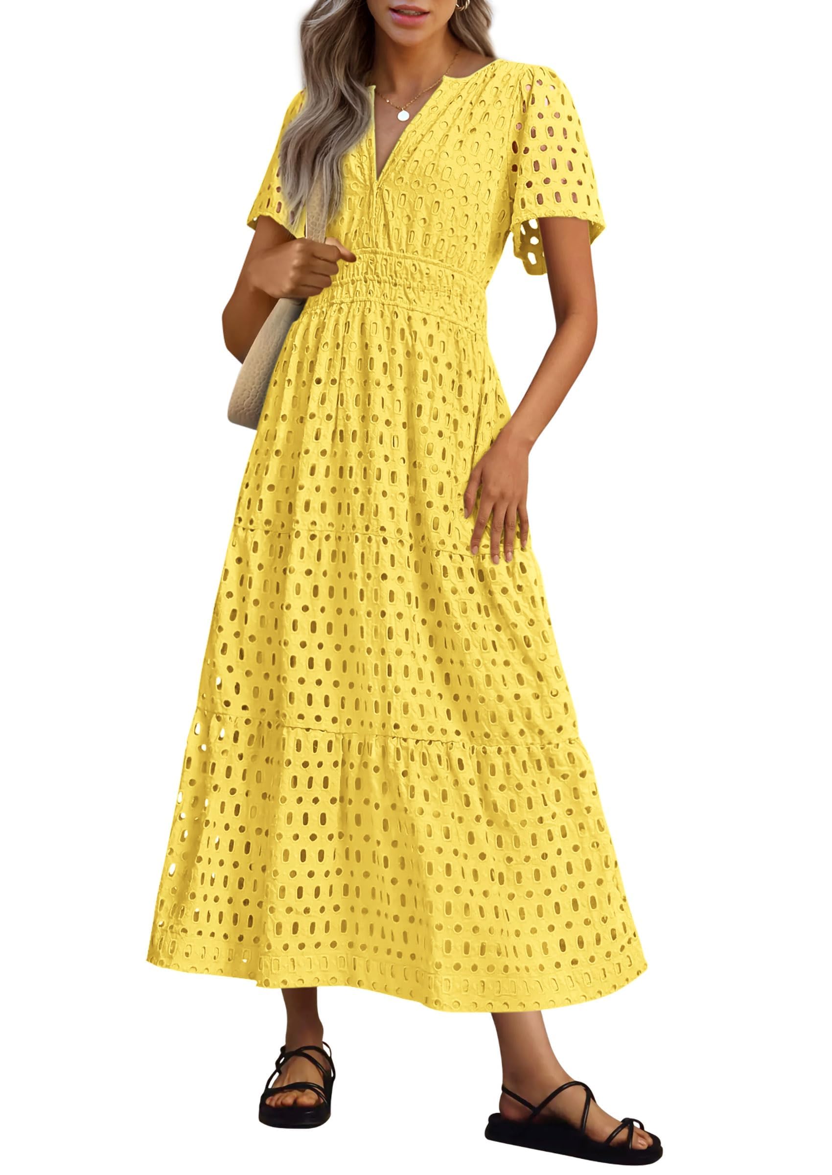 Vestido Largo Prettygarden Para Mujer 2025 Con Cuello En V Y Ojales, Amarillo - Venta Internacional.