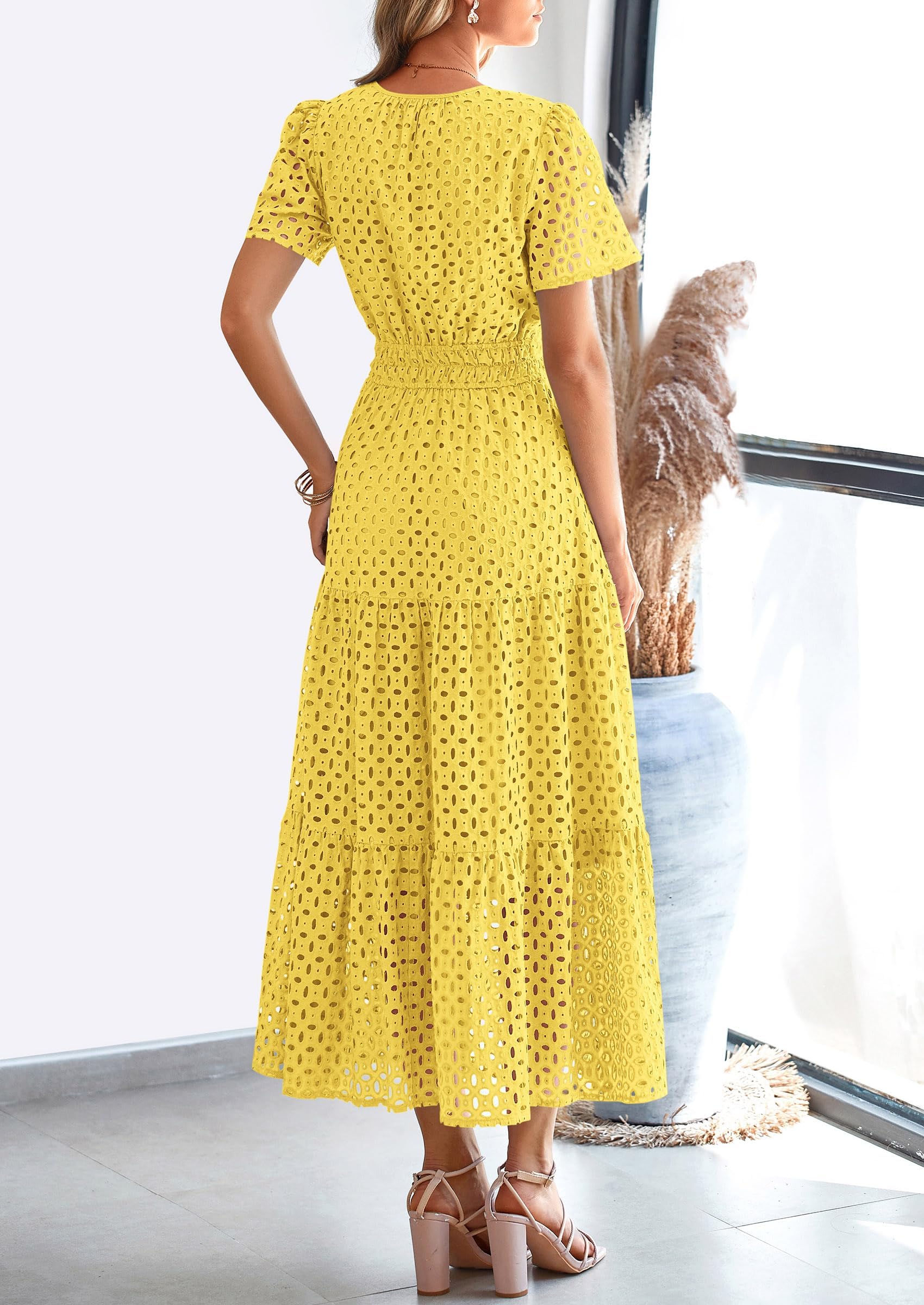 Foto 3 pulgar | Vestido Largo Prettygarden Para Mujer 2025 Con Cuello En V Y Ojales, Amarillo - Venta Internacional.