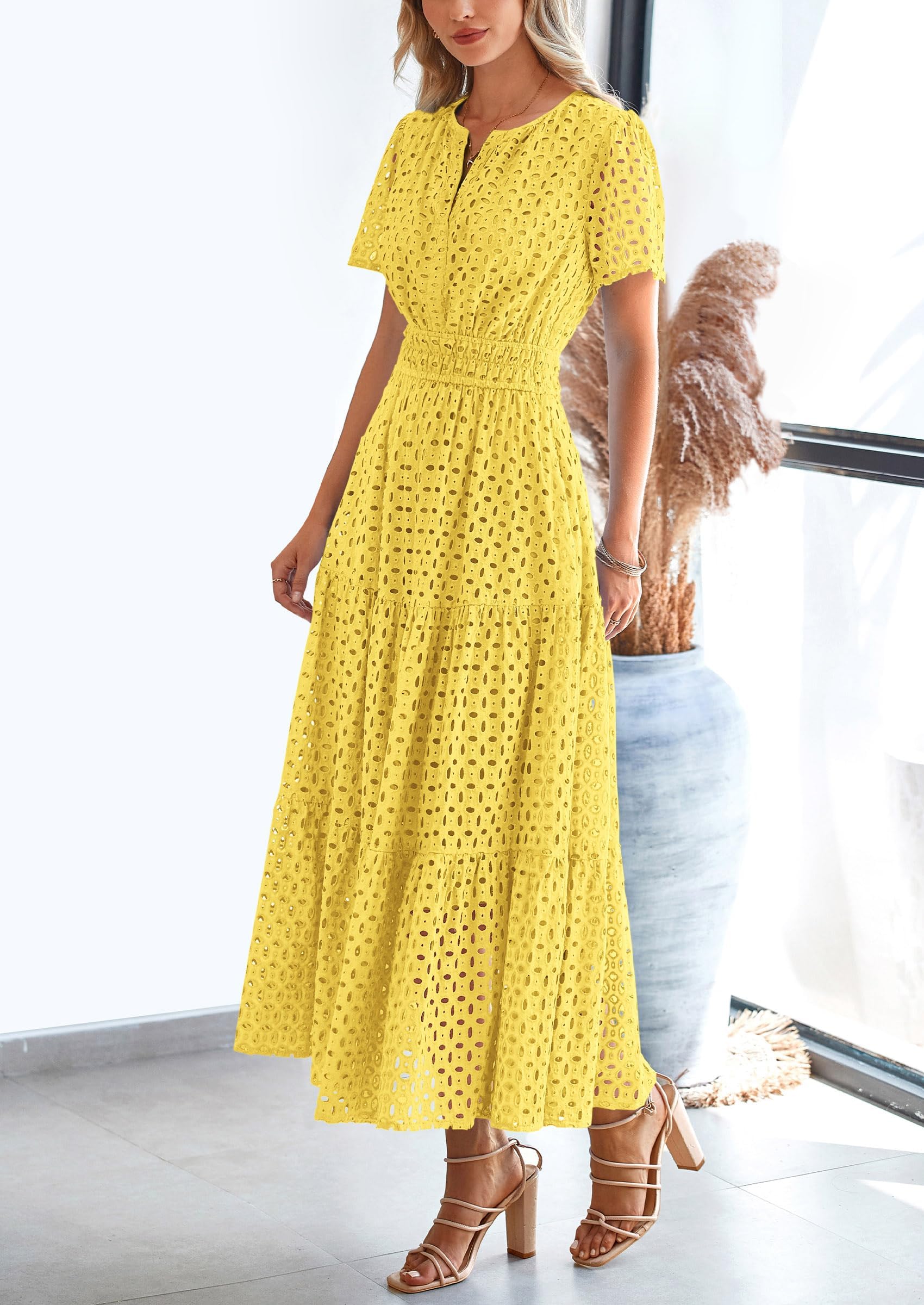 Foto 4 pulgar | Vestido Largo Prettygarden Para Mujer 2025 Con Cuello En V Y Ojales, Amarillo - Venta Internacional.