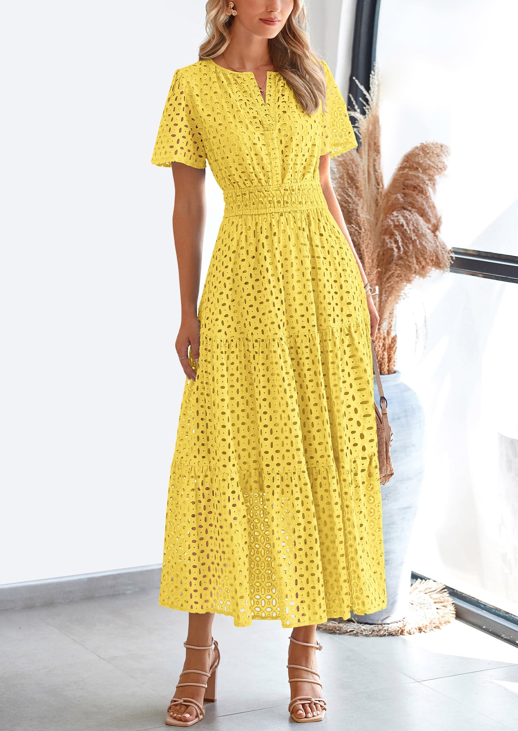 Foto 5 pulgar | Vestido Largo Prettygarden Para Mujer 2025 Con Cuello En V Y Ojales, Amarillo - Venta Internacional.