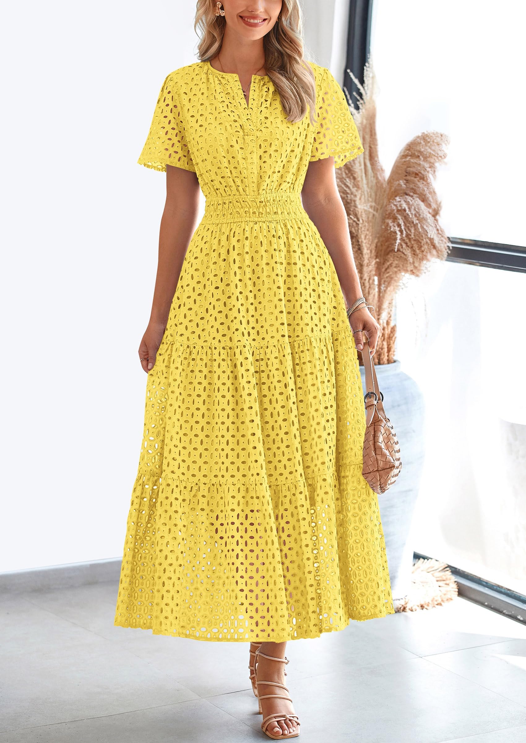 Foto 6 pulgar | Vestido Largo Prettygarden Para Mujer 2025 Con Cuello En V Y Ojales, Amarillo - Venta Internacional.