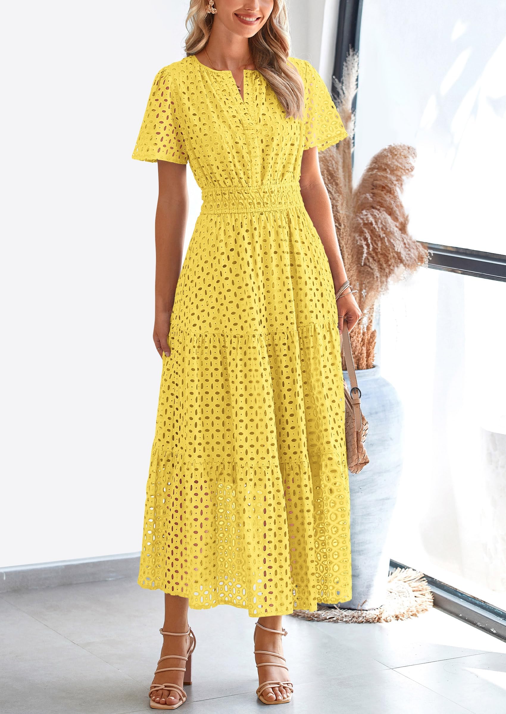 Foto 8 pulgar | Vestido Largo Prettygarden Para Mujer 2025 Con Cuello En V Y Ojales, Amarillo - Venta Internacional.