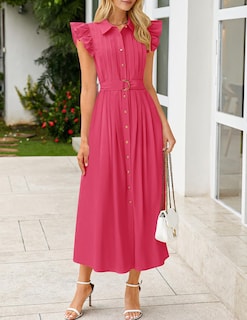 Foto 3 | Vestido Midi Zesica 2025 Para Verano, Estilo Bohemio, Con Botones, Cuello En V Y Bolsillos - Venta Internacional.