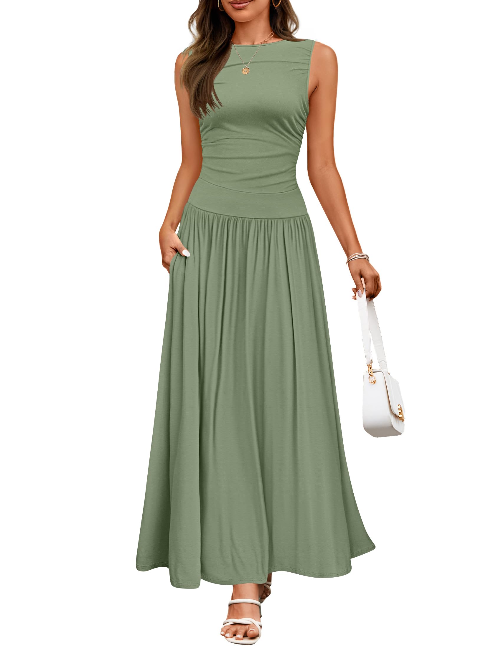 Foto 1 | Vestido Largo Zesica 2025 Sin Mangas Con Cuello Redondo Y Bolsillos Verde - Venta Internacional.