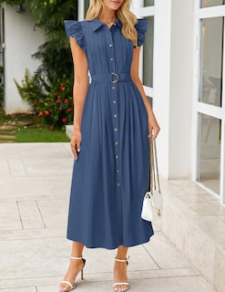 Foto 3 | Vestido Zesica 2025 De Verano Con Botones Bohemio Y Cuello En V, Azul Marino - Venta Internacional.