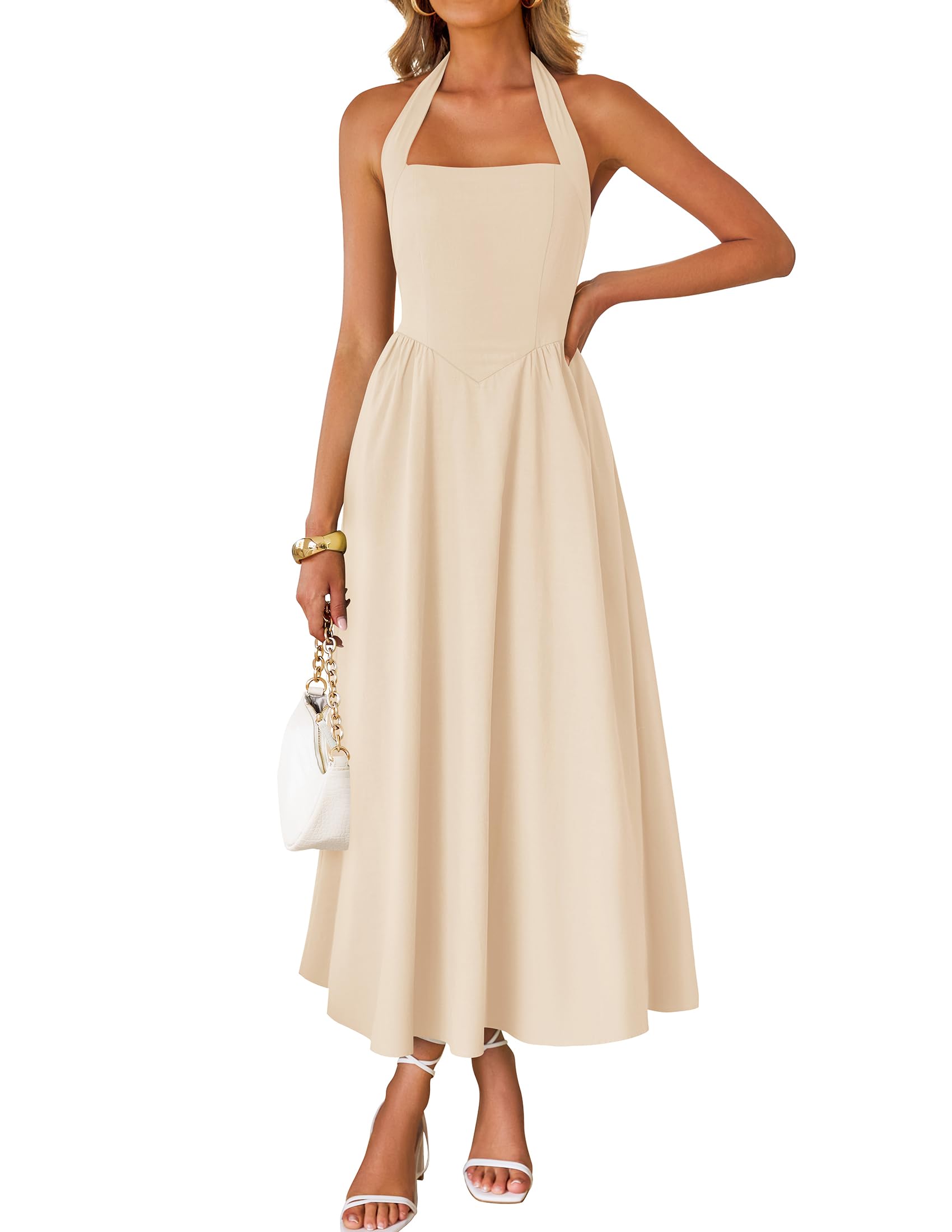 Foto 1 | Vestido Zesica Vestido Midi Halter Sin Mangas De Verano Color Albaricoque - Venta Internacional.