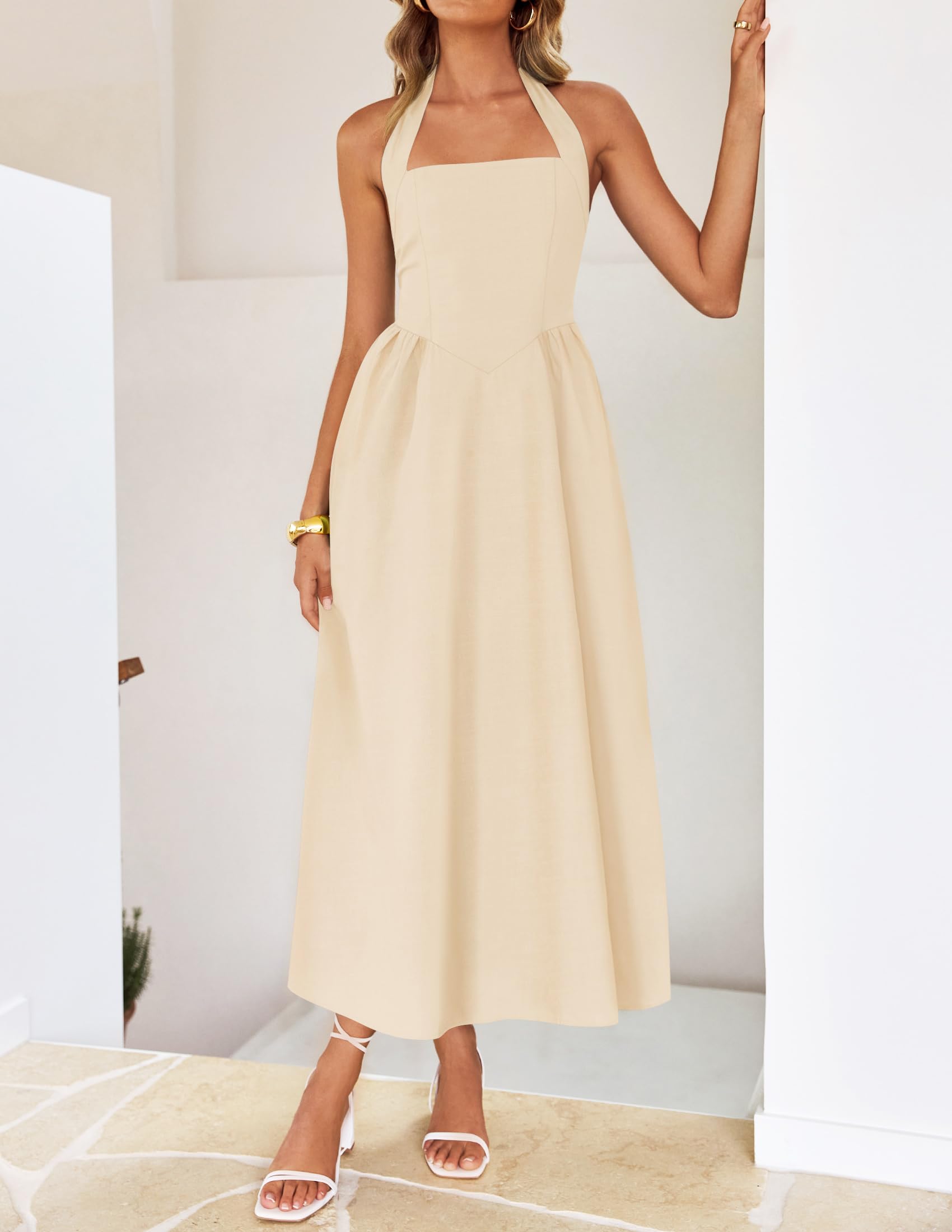 Foto 6 | Vestido Zesica Vestido Midi Halter Sin Mangas De Verano Color Albaricoque - Venta Internacional.