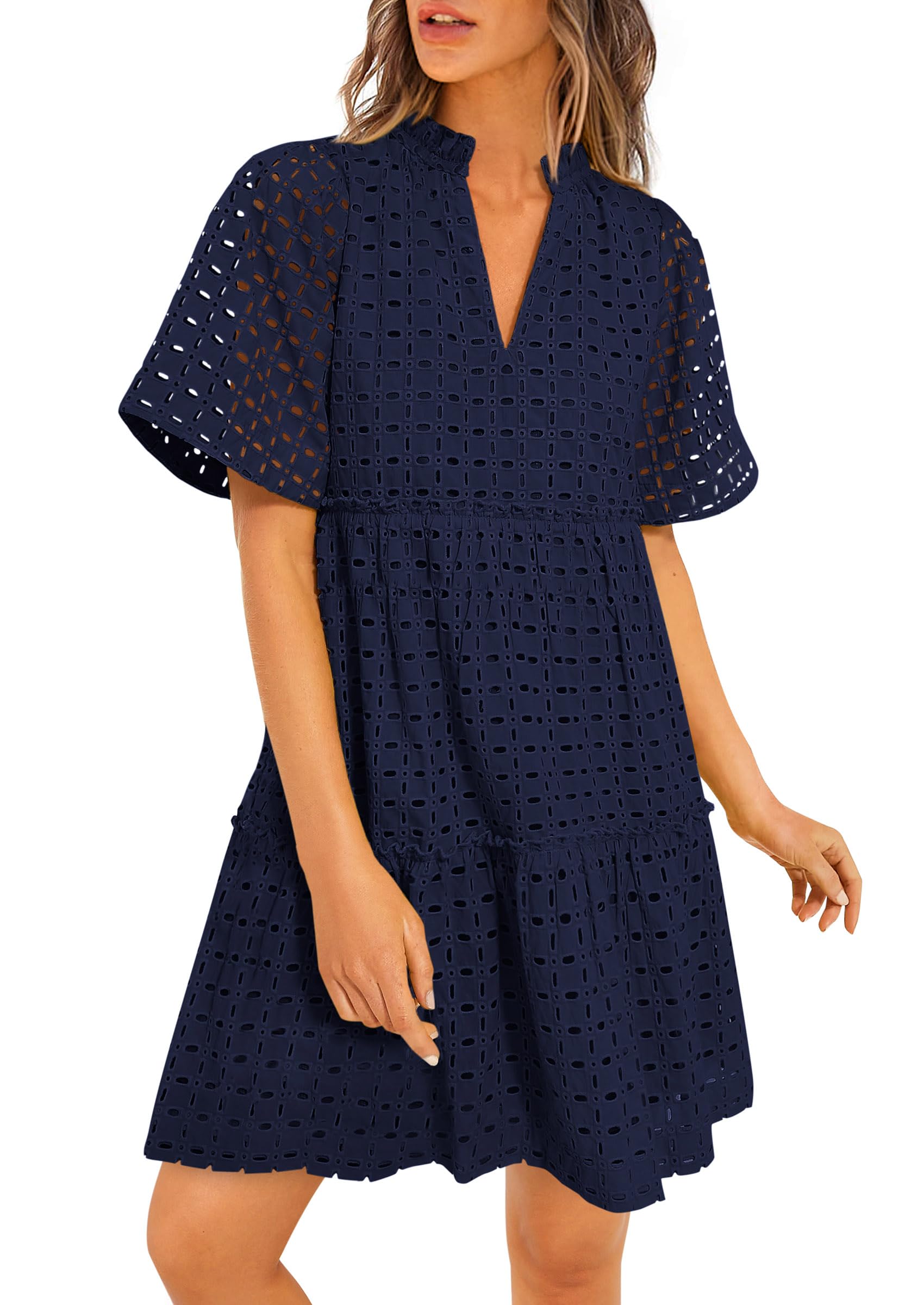 Foto 2 pulgar | Vestido Prettygarden Para Mujer, Manga Corta, Cuello En V, Línea A, Azul Marino, Xxl - Venta Internacional.
