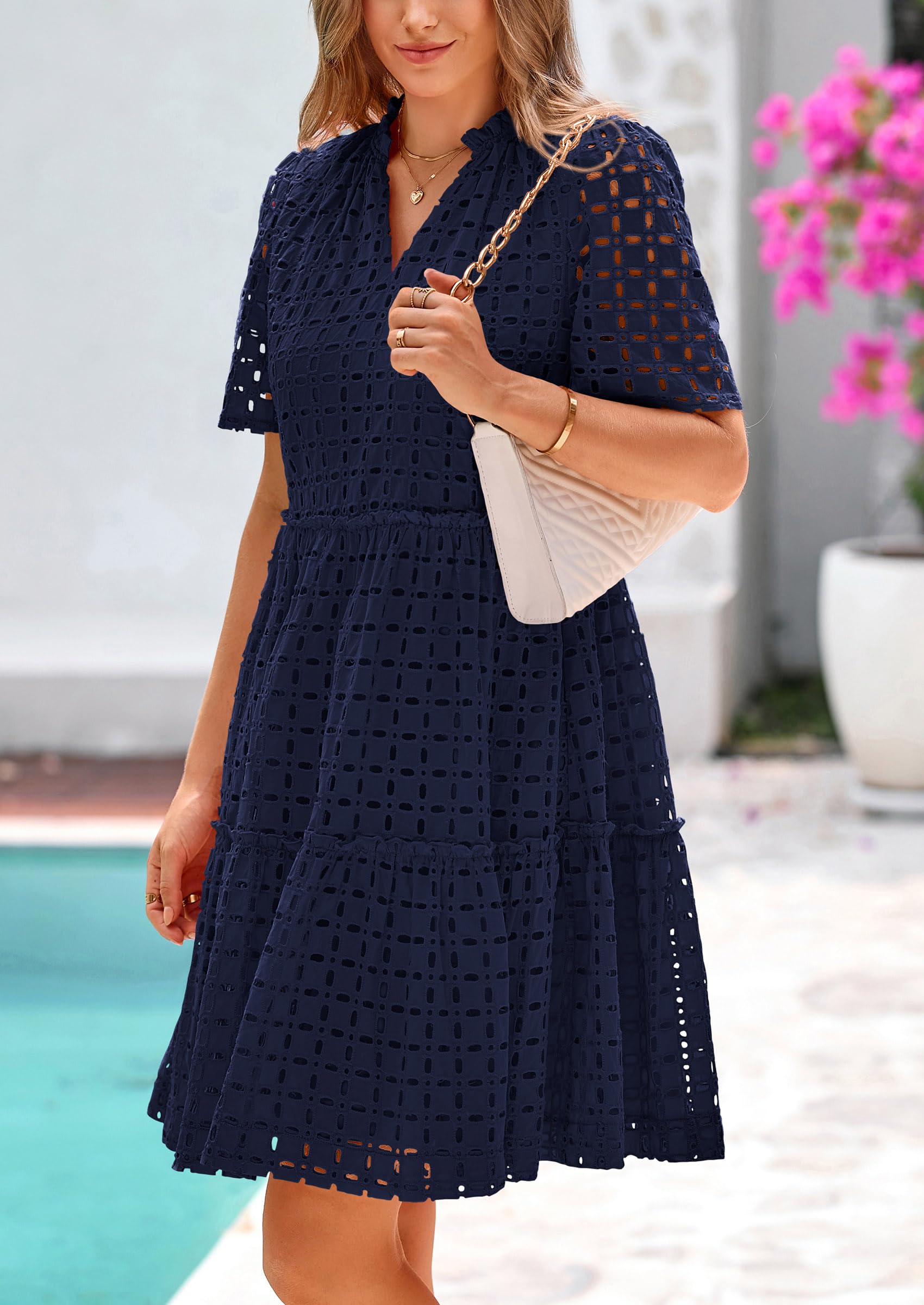 Foto 7 | Vestido Prettygarden Para Mujer, Manga Corta, Cuello En V, Línea A, Azul Marino, Xxl - Venta Internacional.