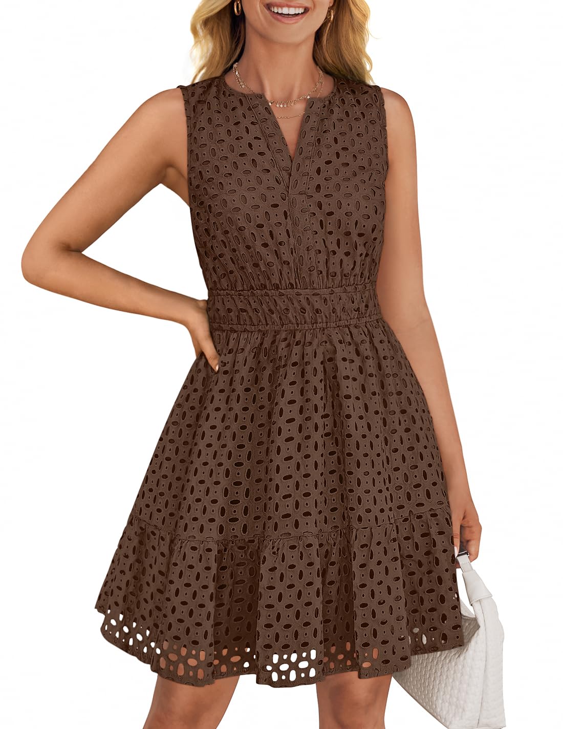 Foto 1 | Vestido De Verano Zesica Sin Mangas Con Cuello En V Y Ojales, Color Café - Venta Internacional.