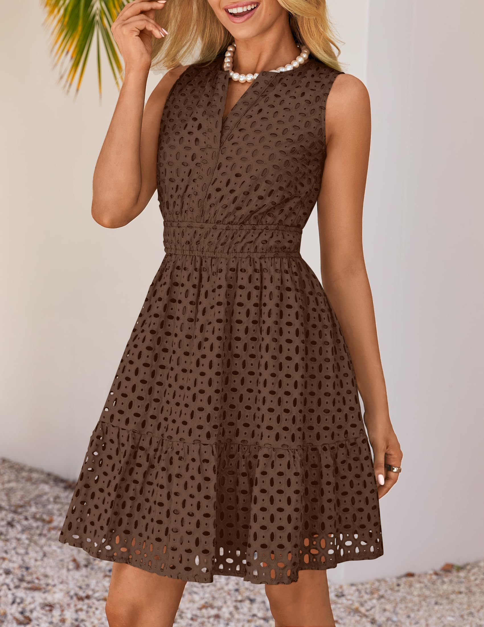 Foto 2 | Vestido De Verano Zesica Sin Mangas Con Cuello En V Y Ojales, Color Café - Venta Internacional.
