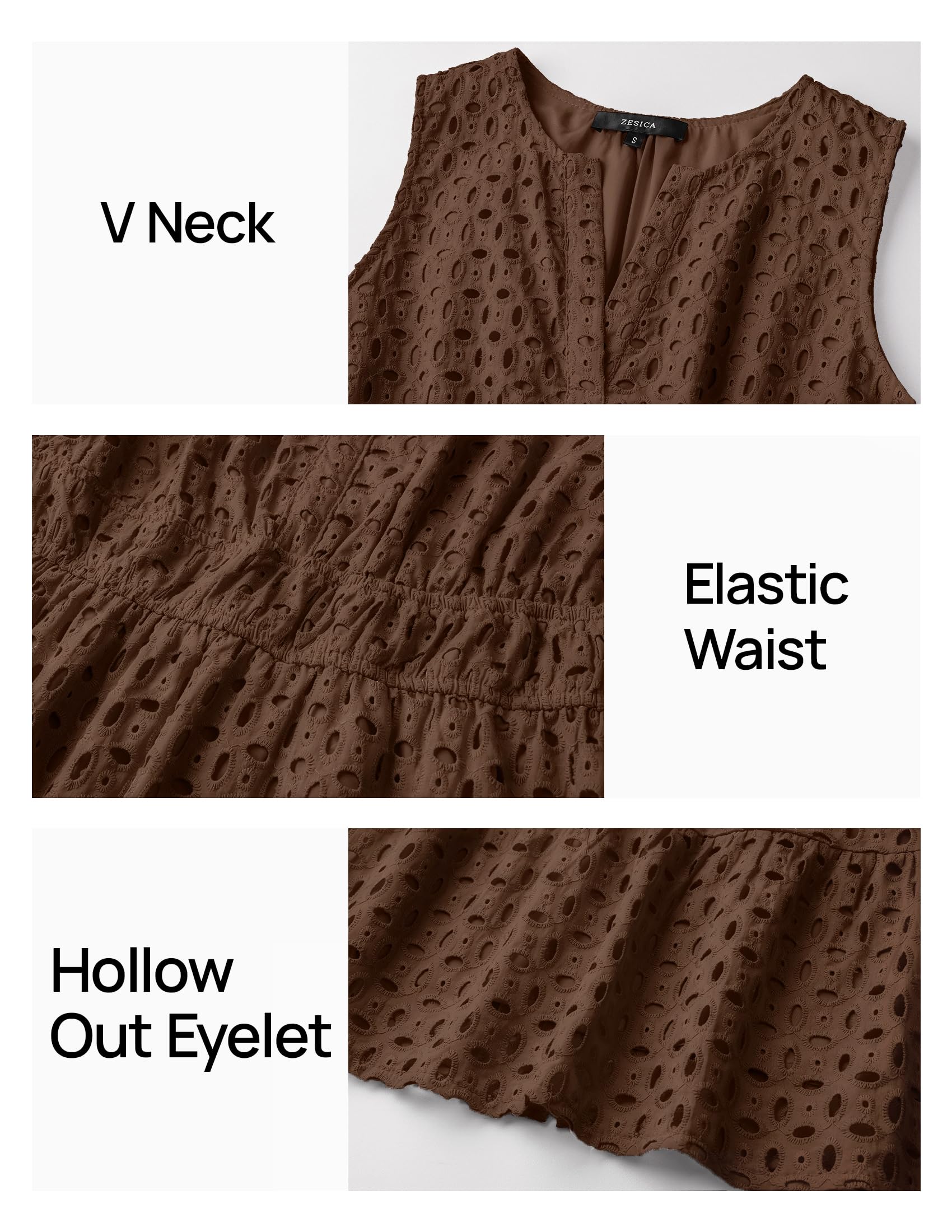 Foto 6 pulgar | Vestido De Verano Zesica Sin Mangas Con Cuello En V Y Ojales, Color Café - Venta Internacional.