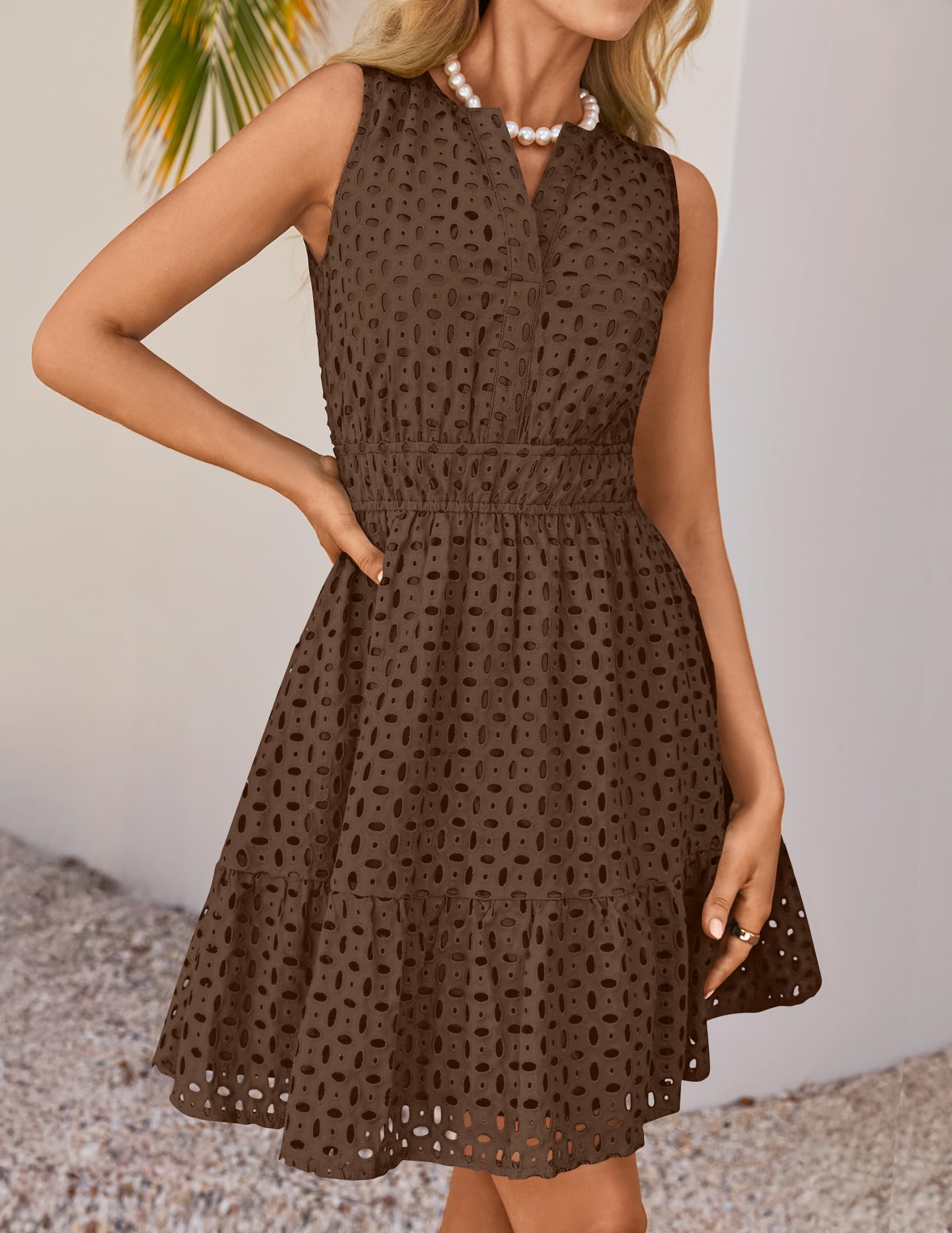 Foto 7 pulgar | Vestido De Verano Zesica Sin Mangas Con Cuello En V Y Ojales, Color Café - Venta Internacional.