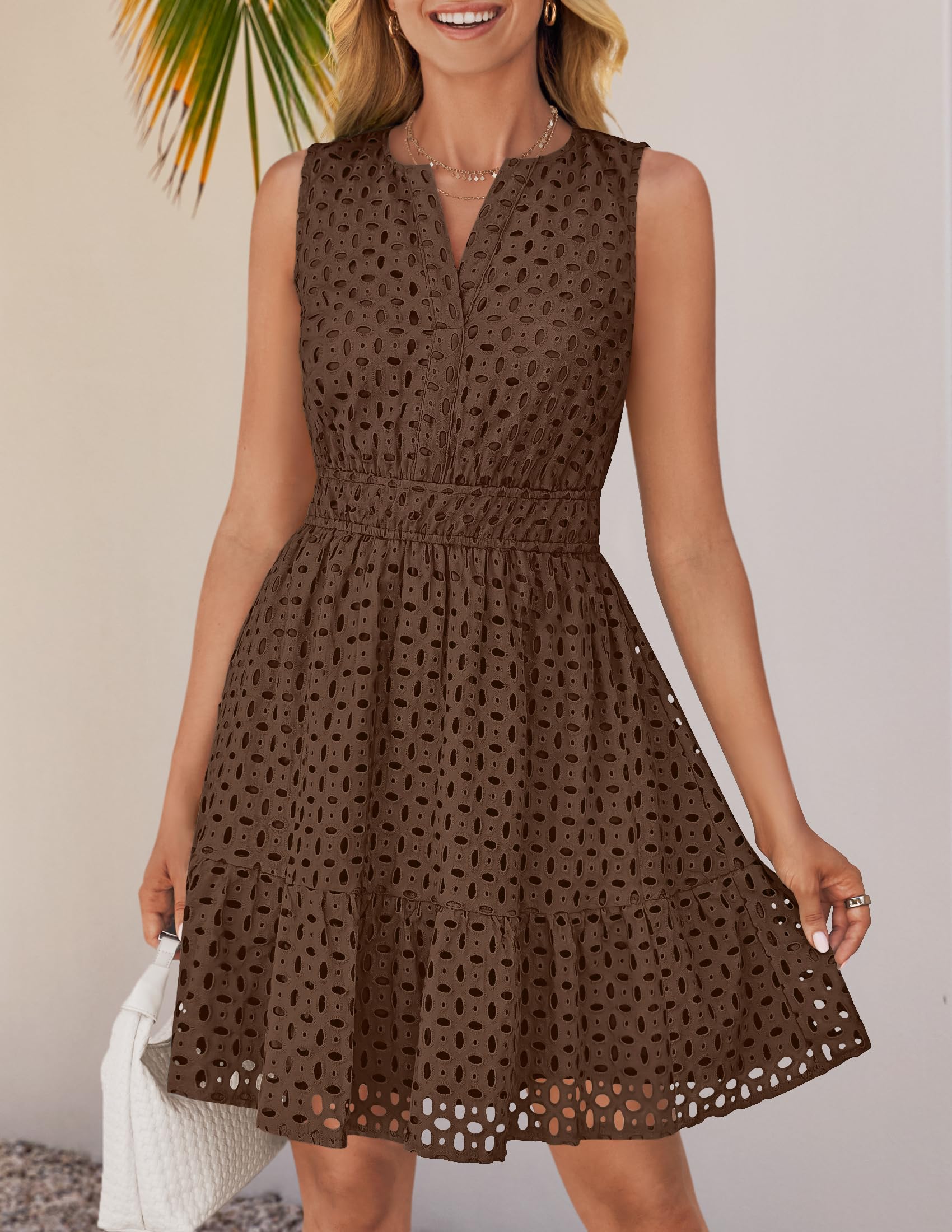Foto 7 | Vestido De Verano Zesica Sin Mangas Con Cuello En V Y Ojales, Color Café - Venta Internacional.
