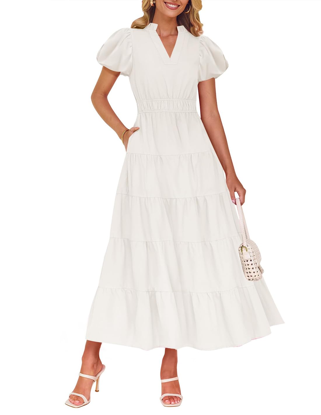 Foto 1 | Vestido Largo Zesica Casual De Verano Con Cuello En V Y Volantes Escalonados, Blanco - Venta Internacional.