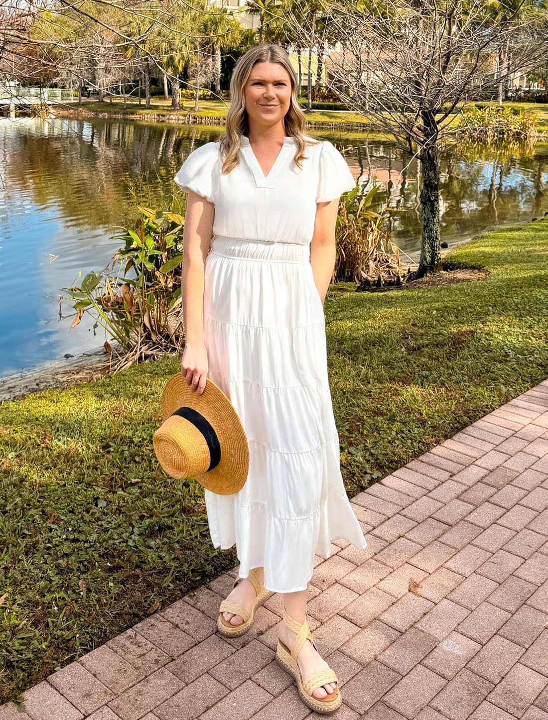 Foto 2 | Vestido Largo Zesica Casual De Verano Con Cuello En V Y Volantes Escalonados, Blanco - Venta Internacional.