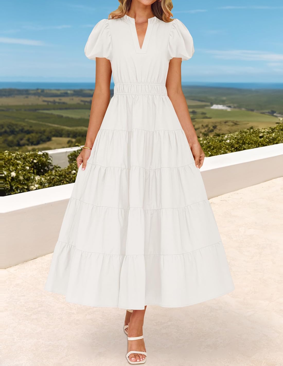Foto 4 pulgar | Vestido Largo Zesica Casual De Verano Con Cuello En V Y Volantes Escalonados, Blanco - Venta Internacional.