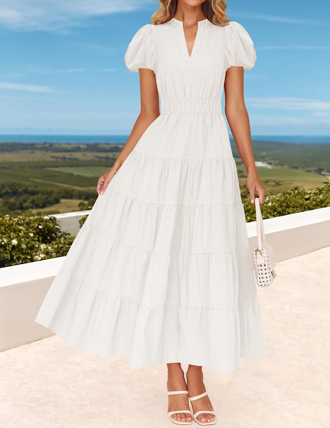 Foto 5 pulgar | Vestido Largo Zesica Casual De Verano Con Cuello En V Y Volantes Escalonados, Blanco - Venta Internacional.