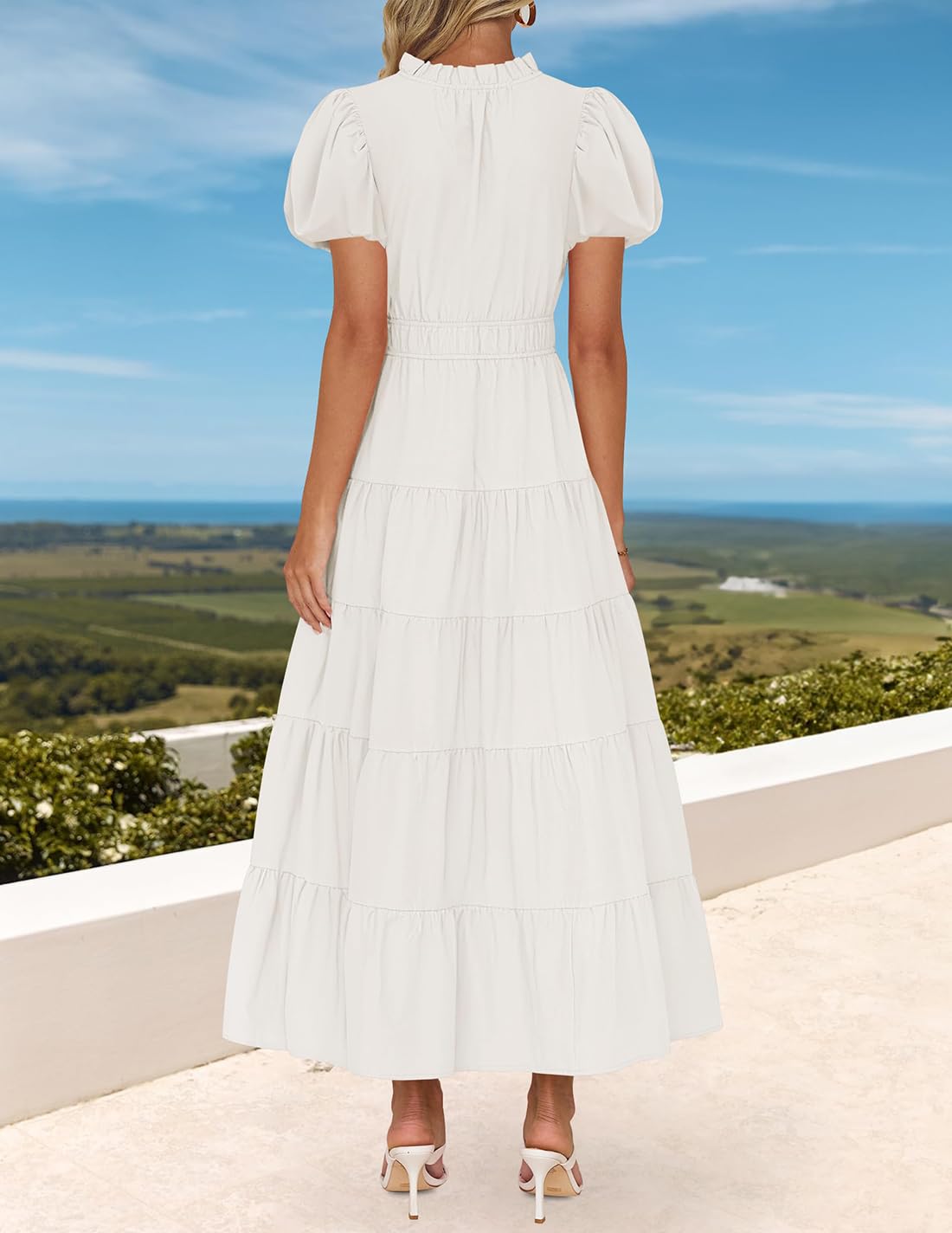 Foto 6 pulgar | Vestido Largo Zesica Casual De Verano Con Cuello En V Y Volantes Escalonados, Blanco - Venta Internacional.