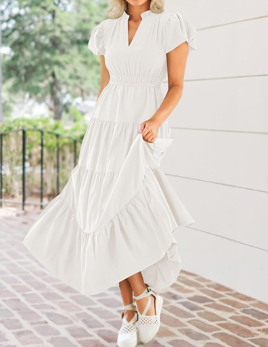 Foto 8 pulgar | Vestido Largo Zesica Casual De Verano Con Cuello En V Y Volantes Escalonados, Blanco - Venta Internacional.