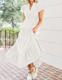 Foto 7 | Vestido Largo Zesica Casual De Verano Con Cuello En V Y Volantes Escalonados, Blanco - Venta Internacional.