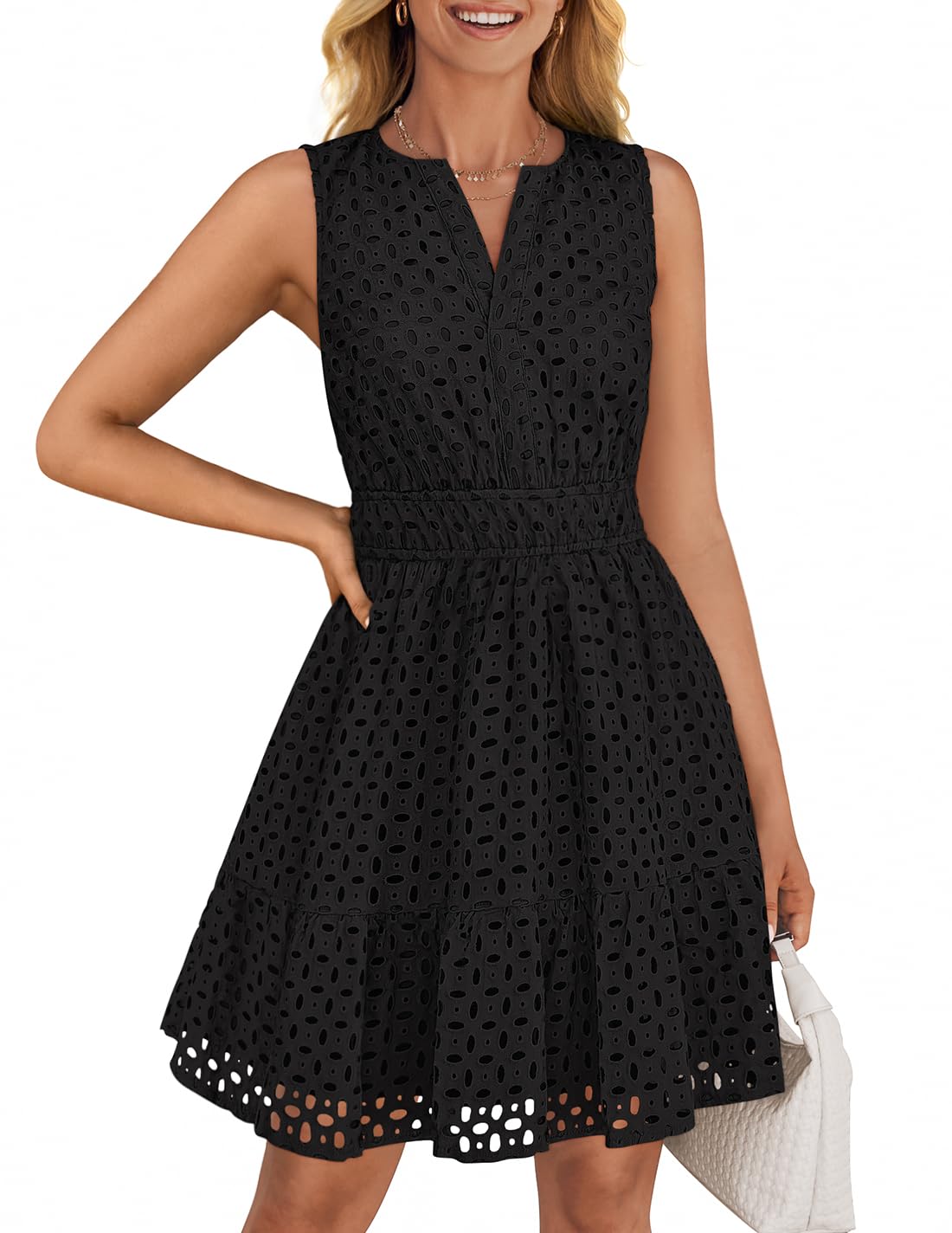 Foto 2 pulgar | Vestido De Verano Zesica Sin Mangas Con Cuello En V Y Ojales, Negro - Venta Internacional.