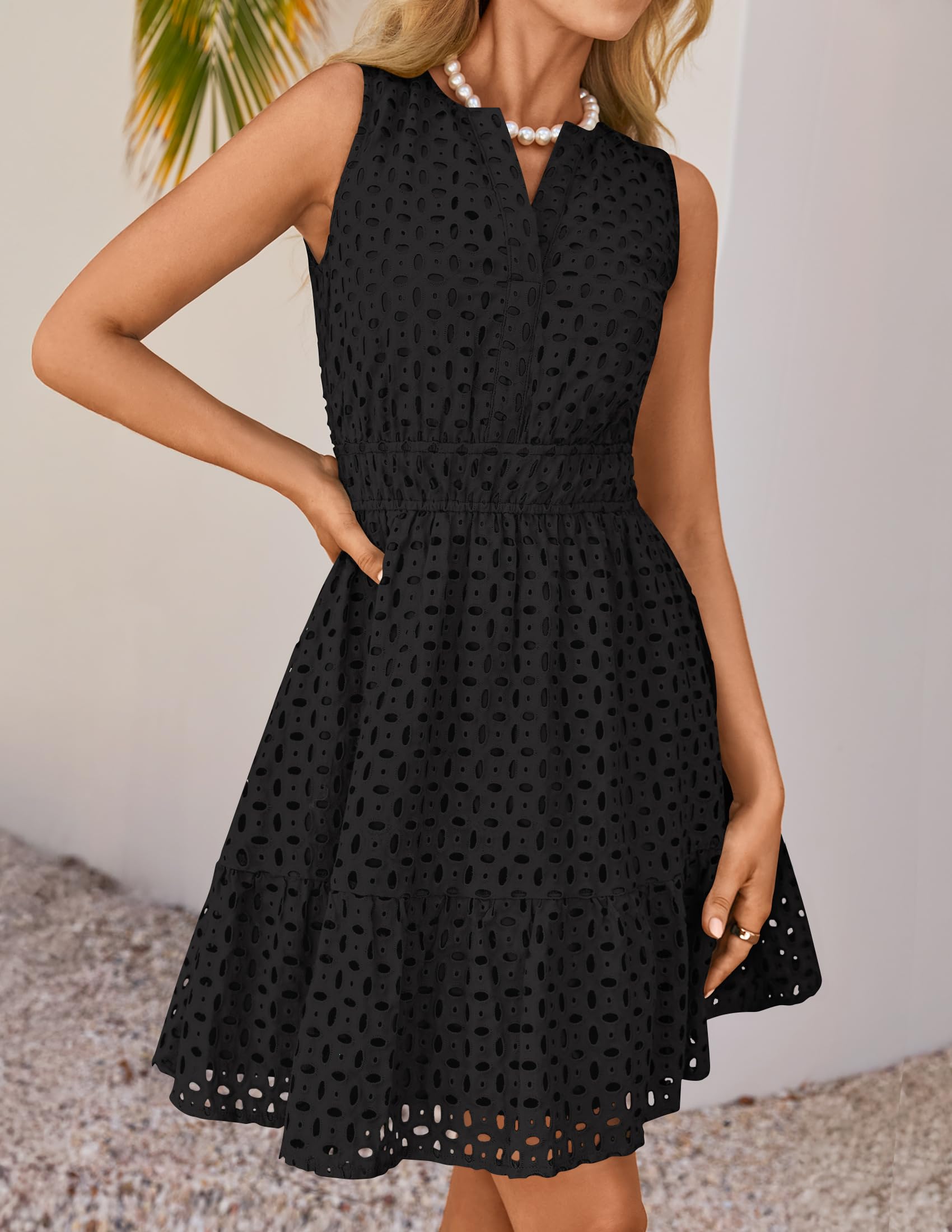 Foto 7 pulgar | Vestido De Verano Zesica Sin Mangas Con Cuello En V Y Ojales, Negro - Venta Internacional.