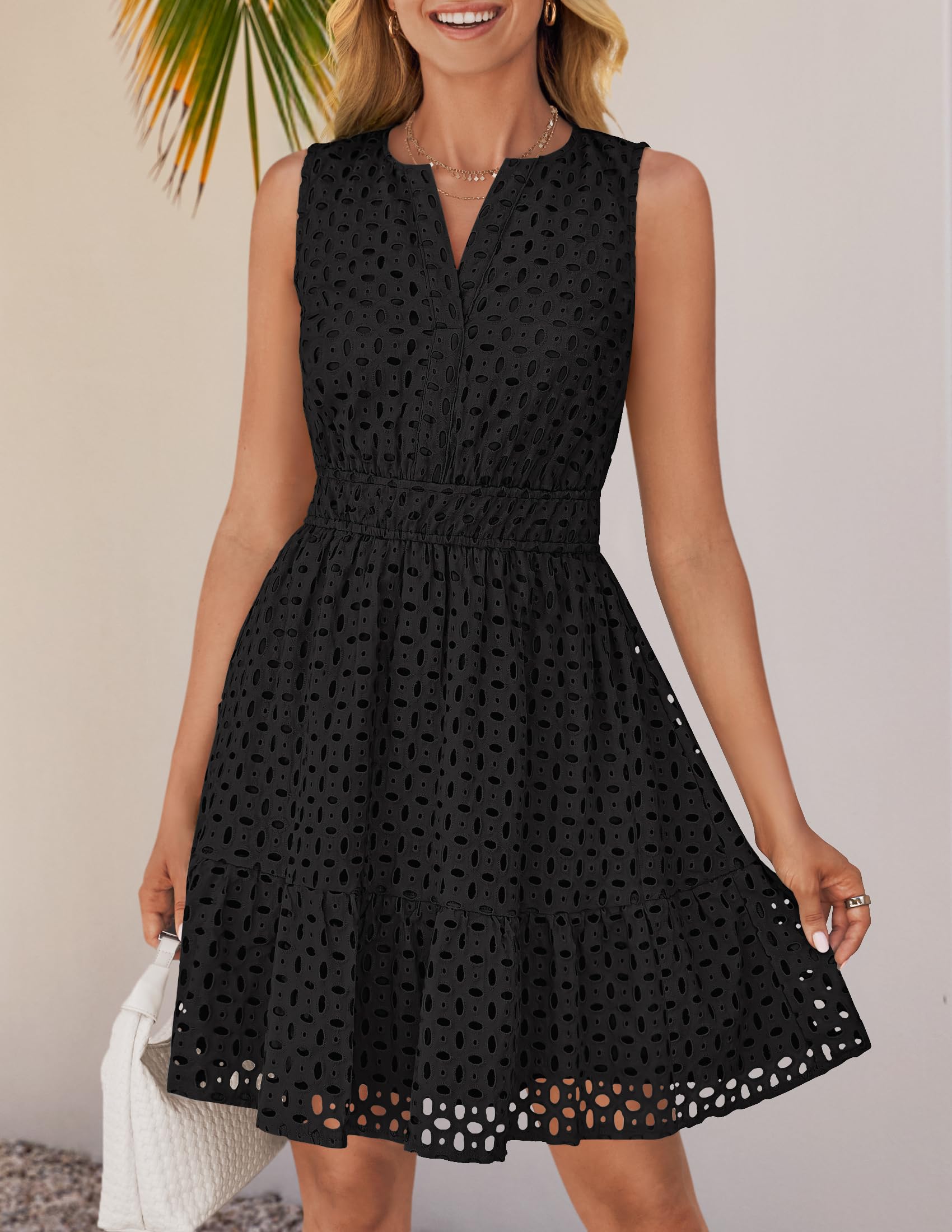 Foto 8 pulgar | Vestido De Verano Zesica Sin Mangas Con Cuello En V Y Ojales, Negro - Venta Internacional.