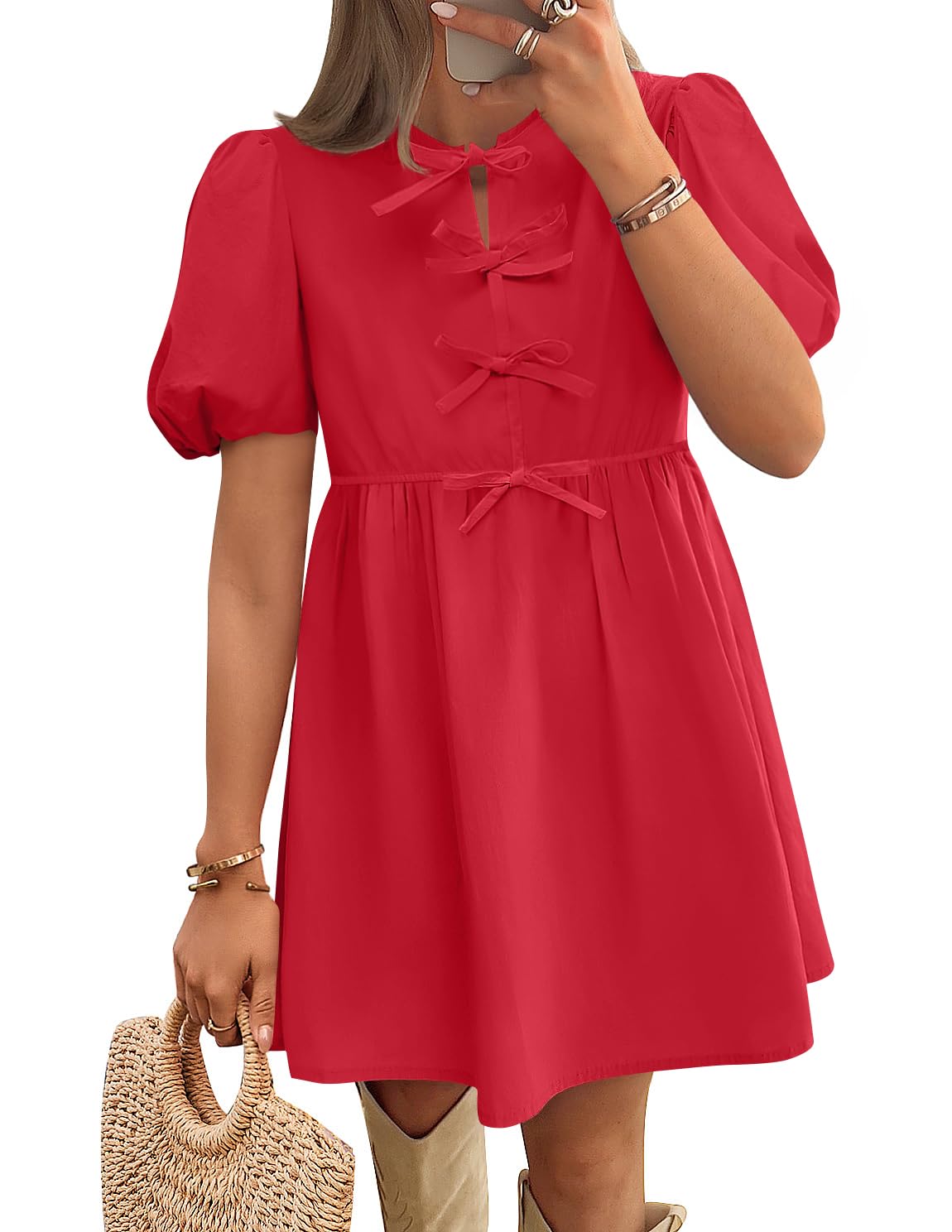 Foto 2 pulgar | Vestido Zesica De Verano De Manga Corta Con Lazo En La Parte Delantera Mini Rojo Para Mujer - Venta Internacional.