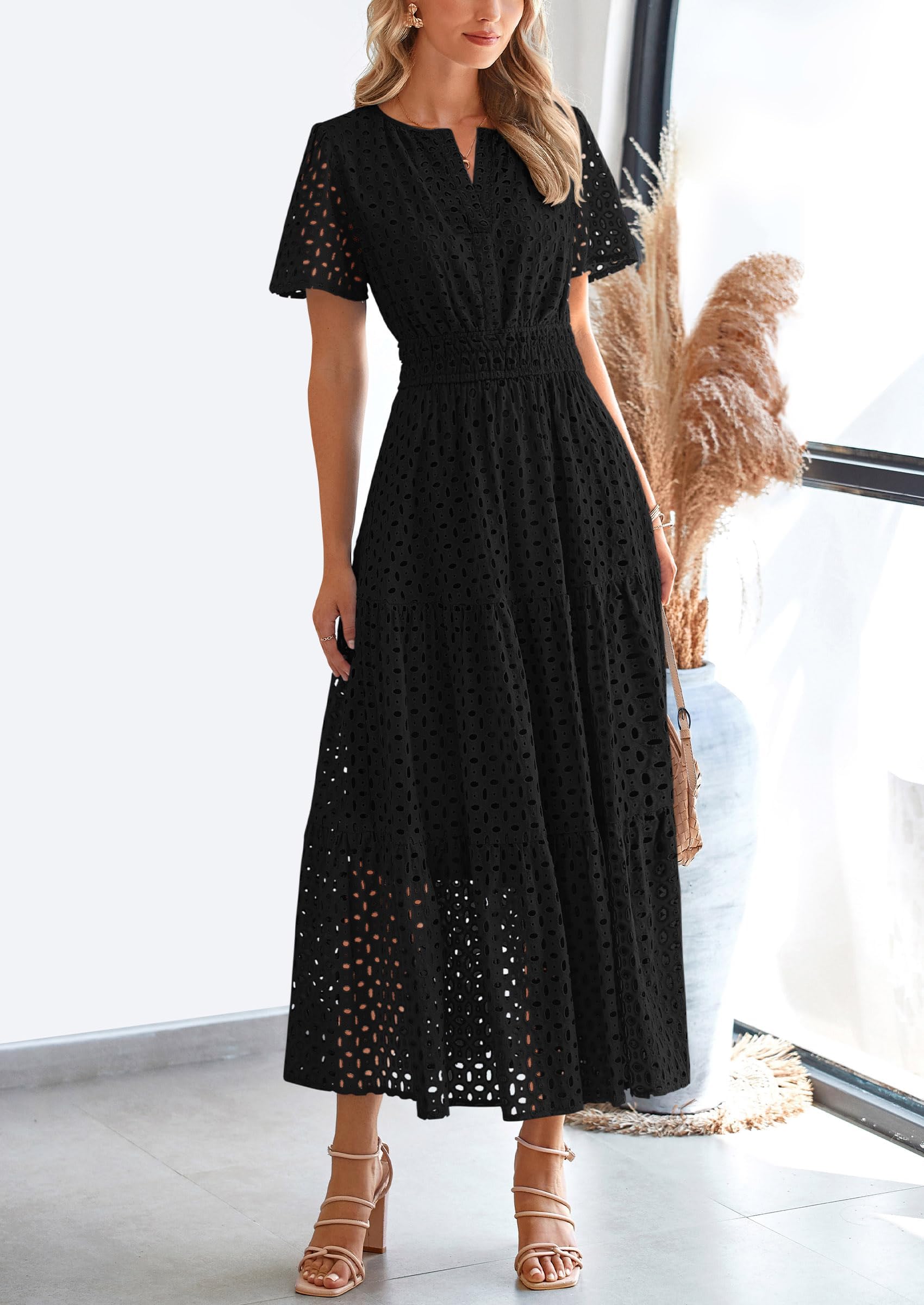 Foto 4 | Vestido Largo Prettygarden 2025, Verano, Cuello En V, Ojales, Negro - Venta Internacional.