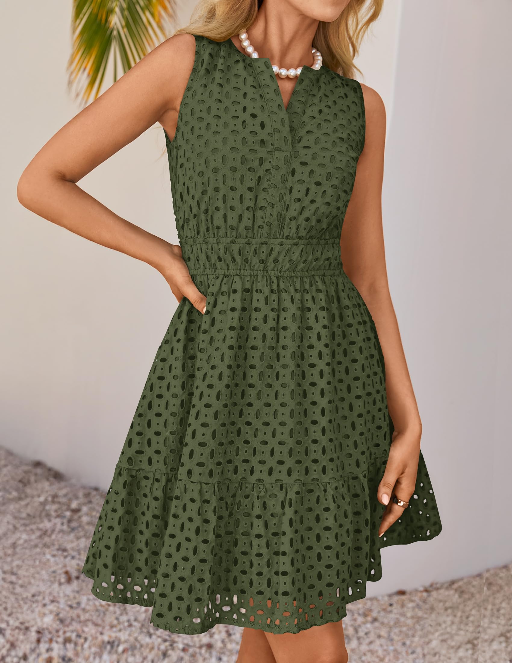 Foto 6 | Vestido Zesica Para Verano, Sin Mangas, Cuello En V, Con Ojales, Fiesta, Color Verde Militar - Venta Internacional.