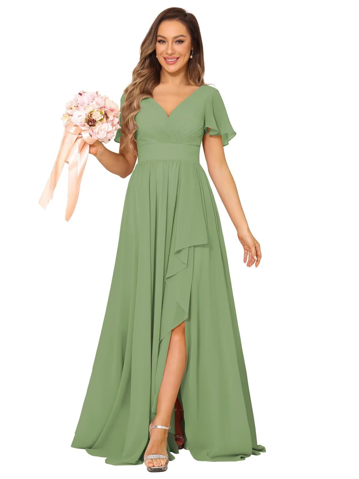 Foto 1 | Vestido De Dama De Honor Dessiny Dusty Sage Chifon Con Cuello En V, Largo - Venta Internacional.
