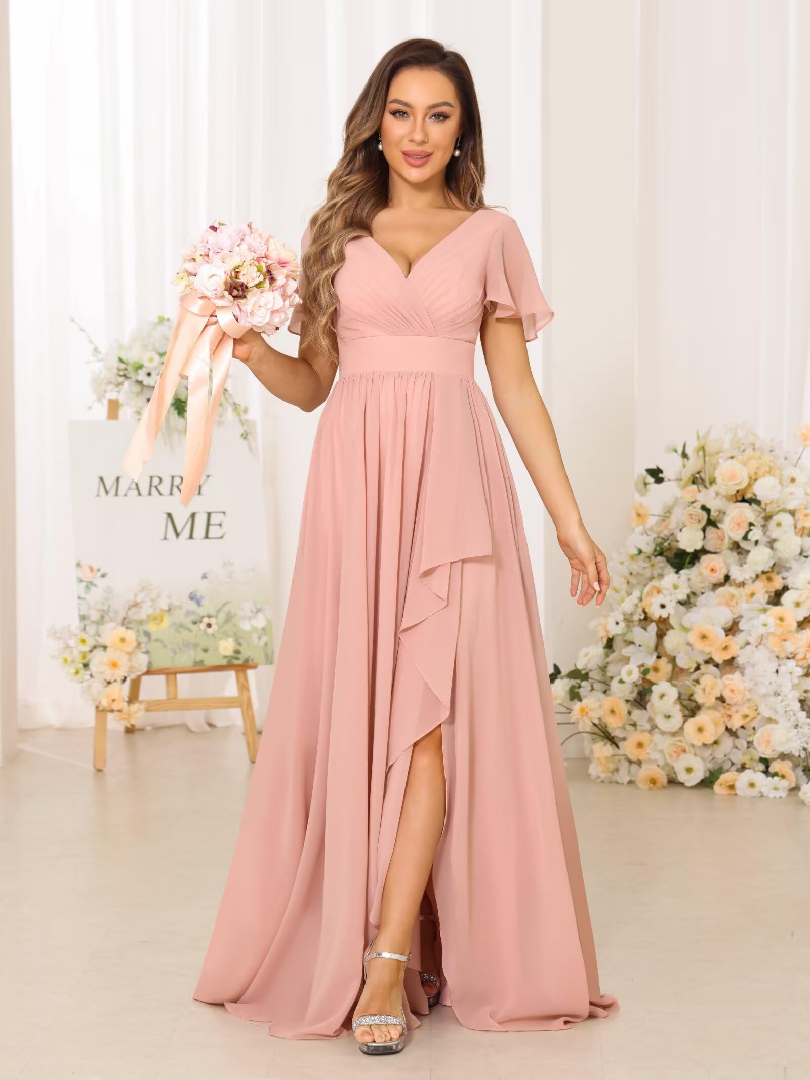 Foto 4 pulgar | Vestido De Dama De Honor Dessiny Dusty Sage Chifon Con Cuello En V, Largo - Venta Internacional.