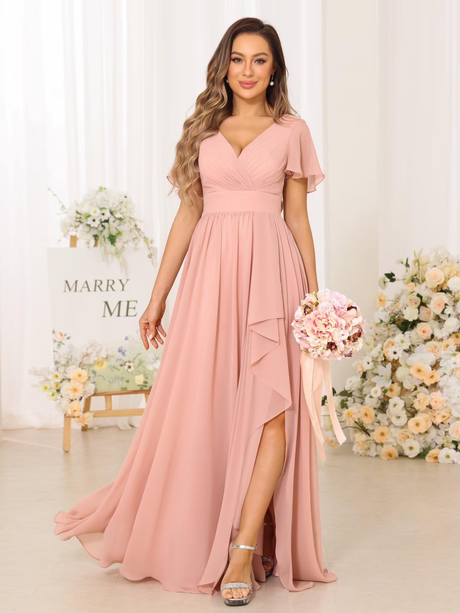 Foto 5 | Vestido De Dama De Honor Dessiny Dusty Sage Chifon Con Cuello En V, Largo - Venta Internacional.