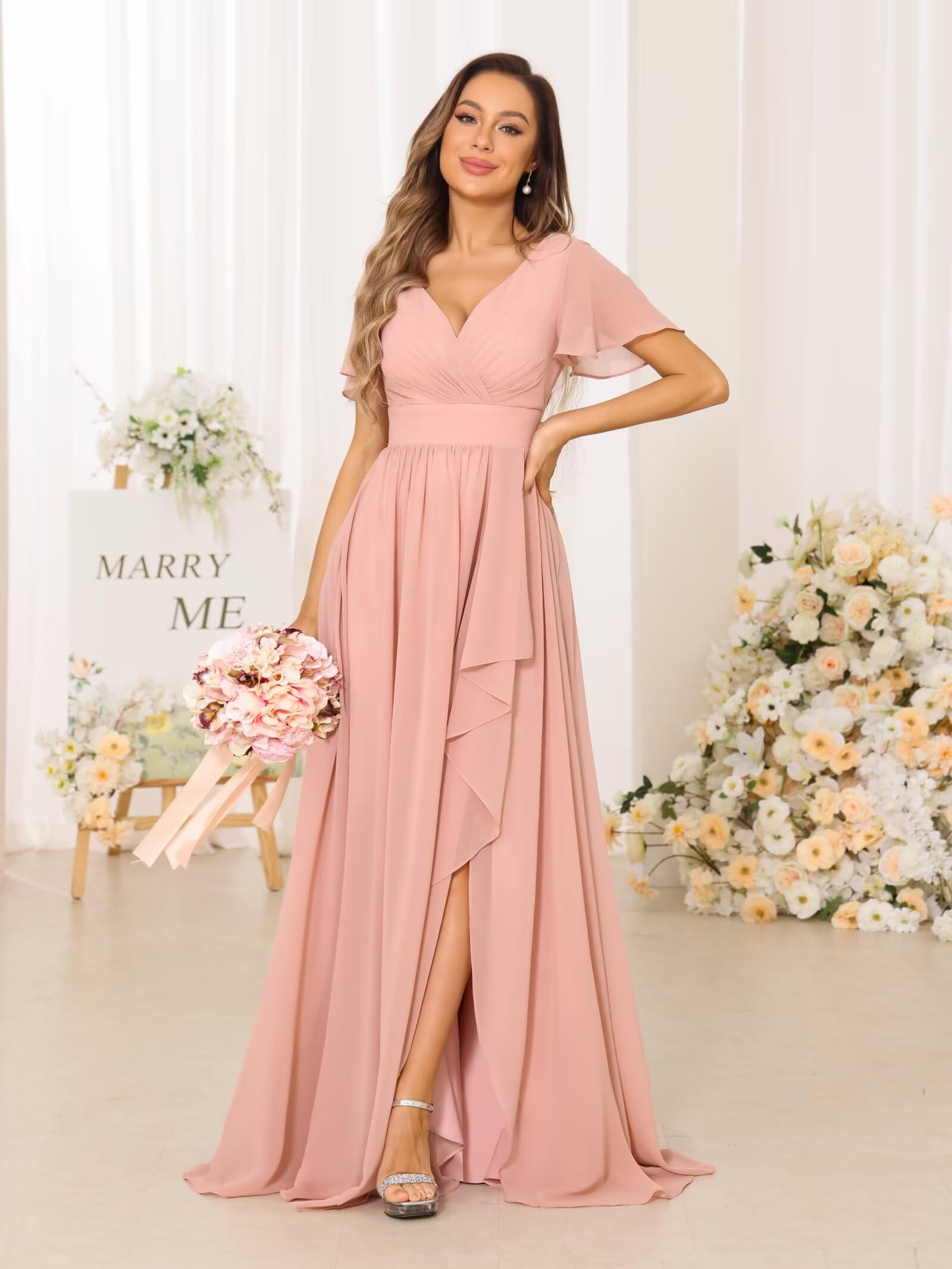 Foto 7 | Vestido De Dama De Honor Dessiny Dusty Sage Chifon Con Cuello En V, Largo - Venta Internacional.
