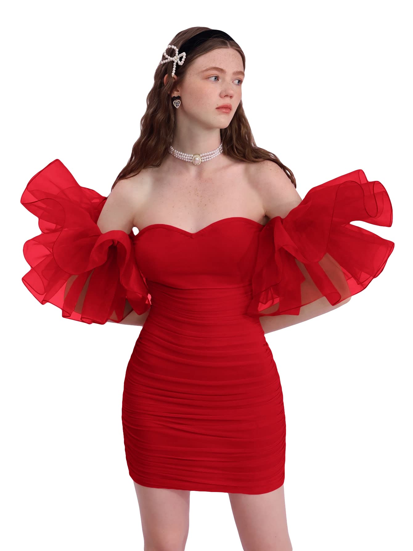 Vestido Wdirara Para Mujer Con Hombros Descubiertos Para Graduación, Malla Fruncida, Rojo, Xs - Venta Internacional.