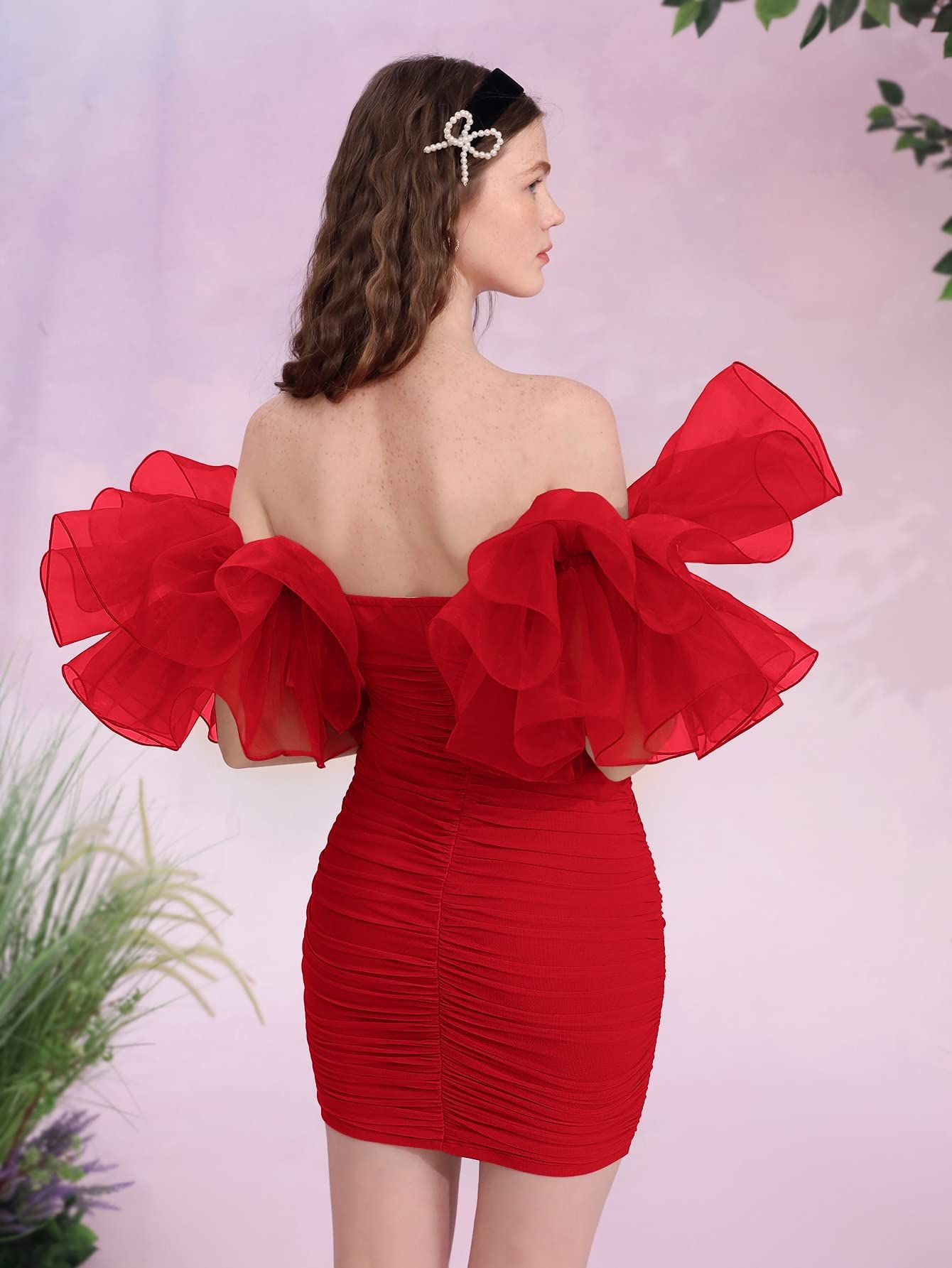 Foto 3 pulgar | Vestido Wdirara Para Mujer Con Hombros Descubiertos Para Graduación, Malla Fruncida, Rojo, Xs - Venta Internacional.