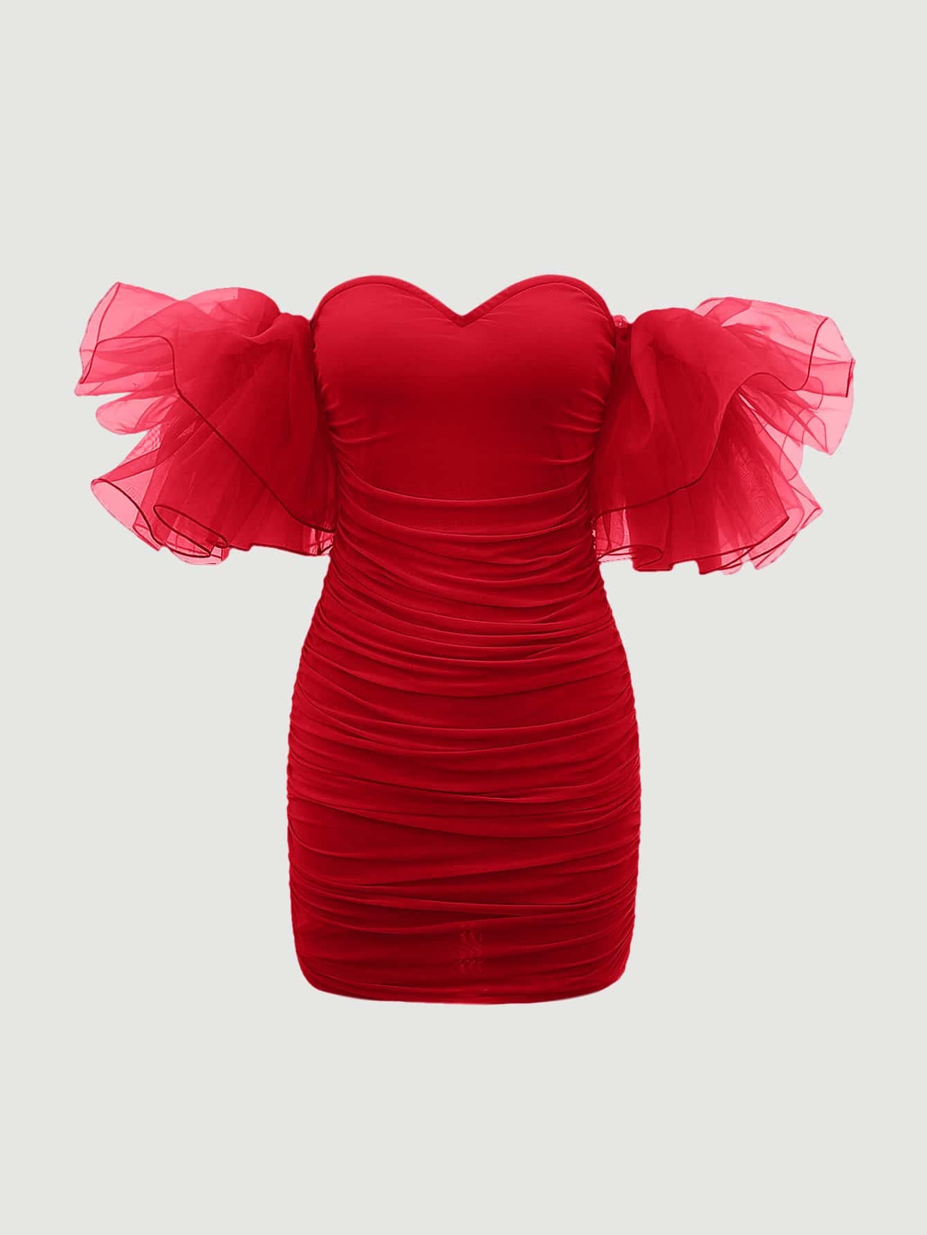 Foto 6 pulgar | Vestido Wdirara Para Mujer Con Hombros Descubiertos Para Graduación, Malla Fruncida, Rojo, Xs - Venta Internacional.