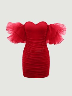 Foto 5 | Vestido Wdirara Para Mujer Con Hombros Descubiertos Para Graduación, Malla Fruncida, Rojo, Xs - Venta Internacional.