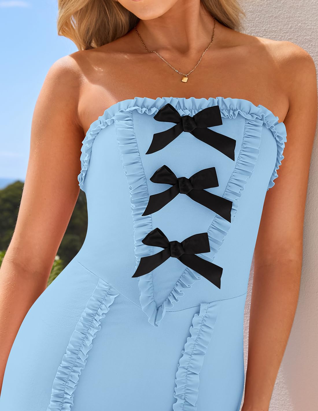 Foto 6 pulgar | Vestido Largo De Verano Zesica Sin Mangas Con Hombros Descubiertos, Azul Claro - Venta Internacional.