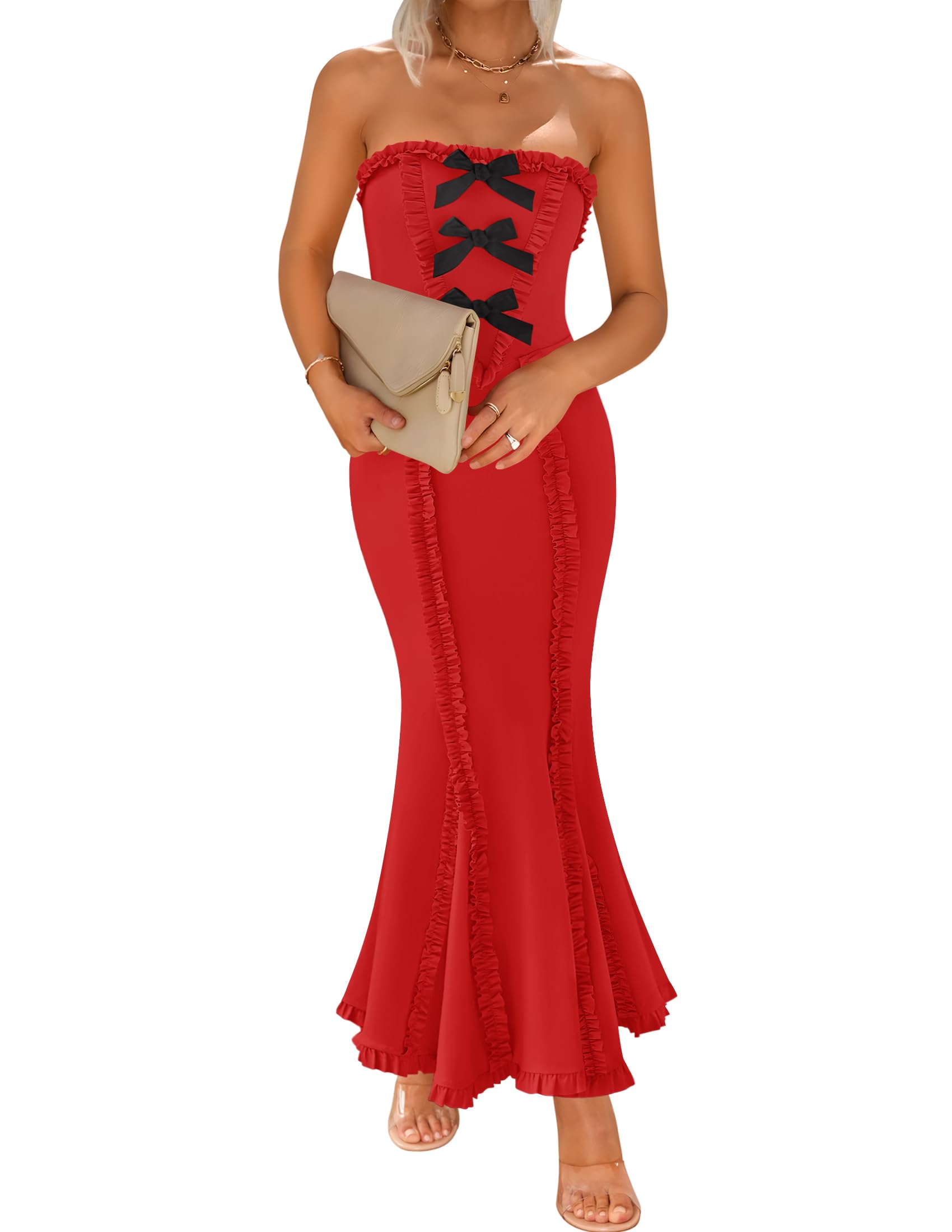 Foto 2 pulgar | Vestido Largo Zesica Summer Con Hombros Descubiertos, Sin Mangas, Rojo S - Venta Internacional.