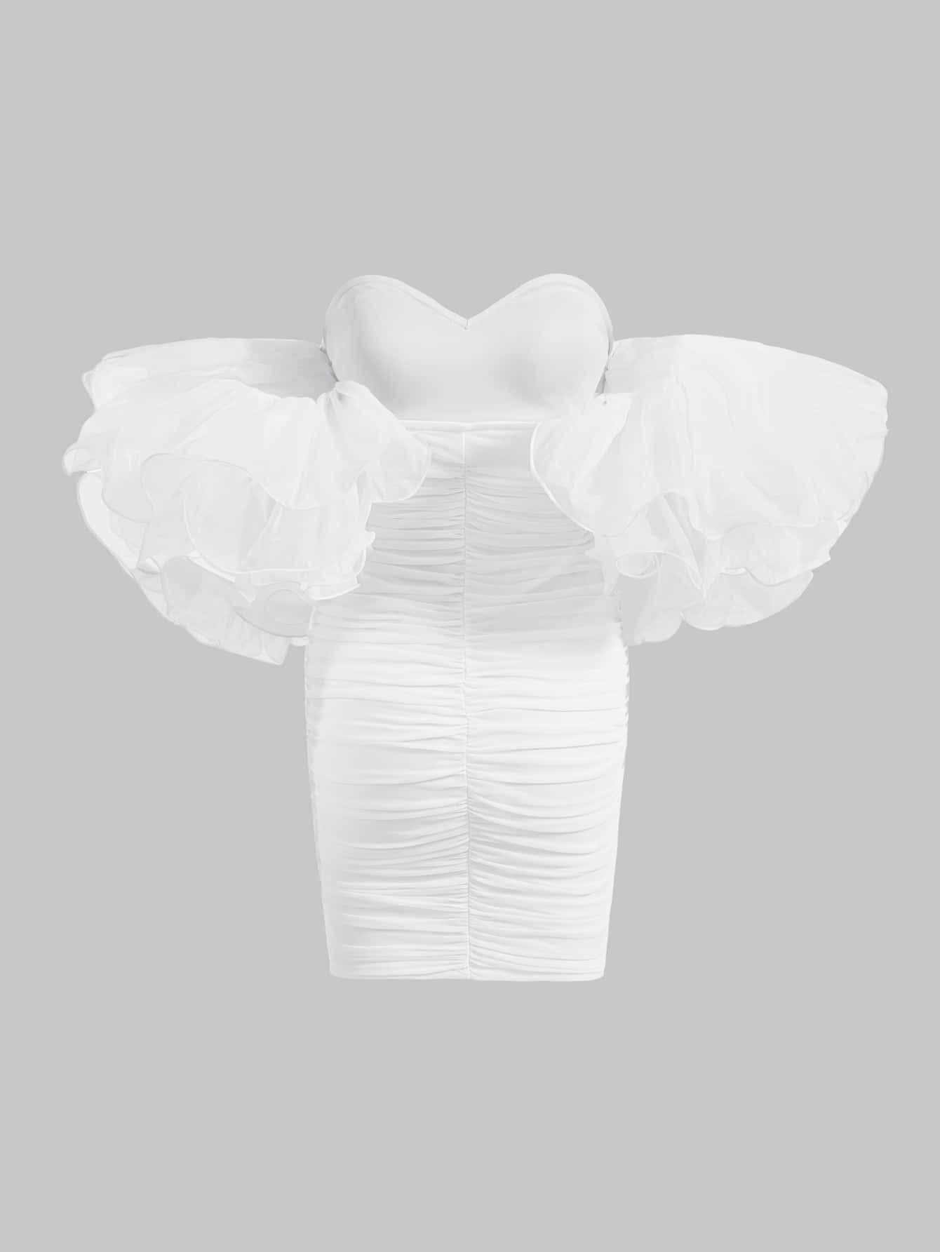 Foto 3 pulgar | Vestido Wdirara Con Hombros Descubiertos, Malla Fruncida, Color Blanco, Talla Xs, Para Mujer - Venta Internacional.