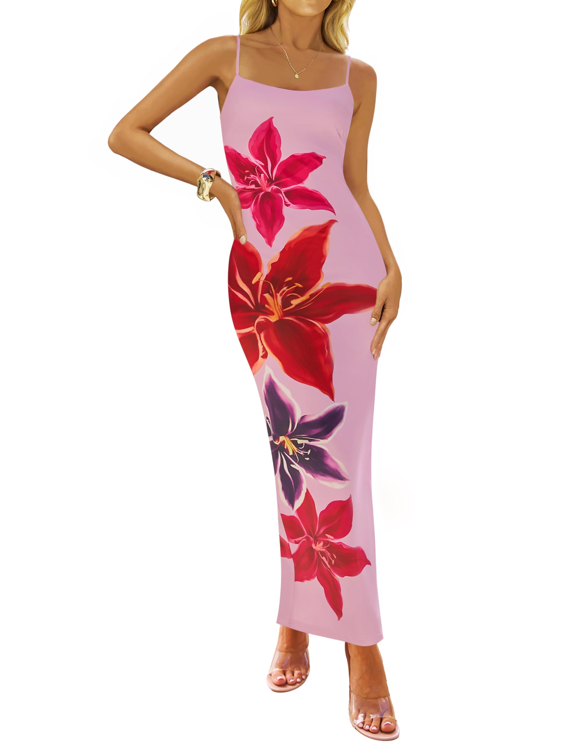 Foto 1 | Vestido Largo Zesica Para Mujer, Estampado Floral, Tirantes Finos, Color Rosa - Venta Internacional.