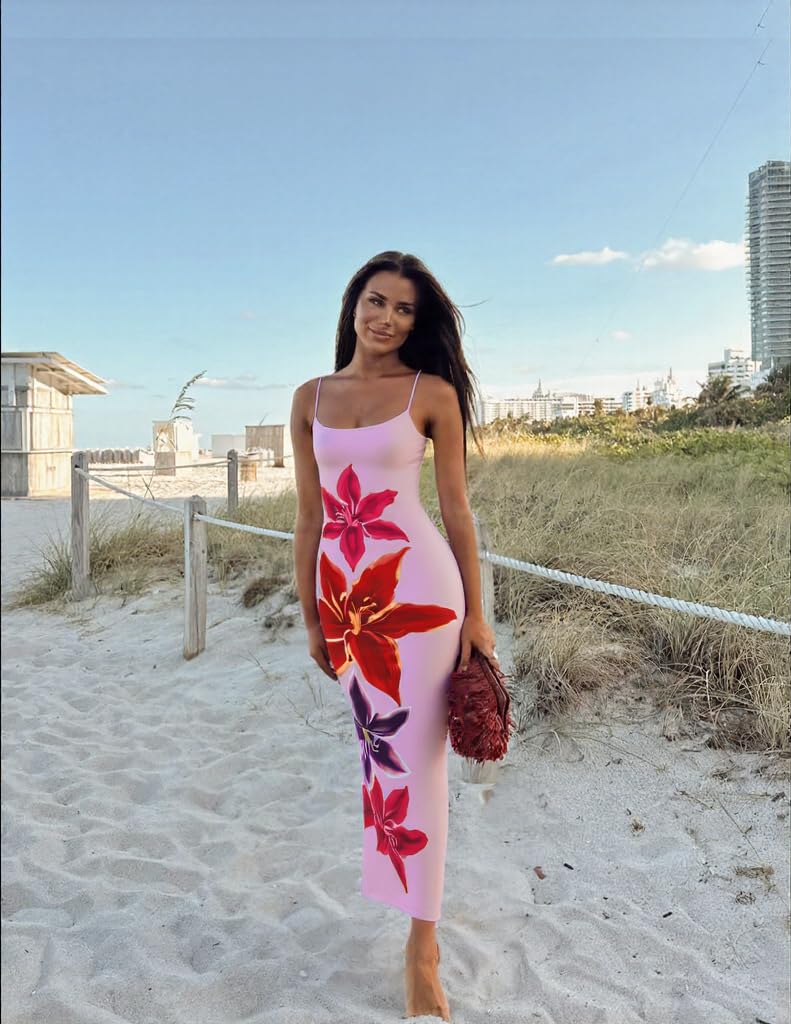 Foto 6 | Vestido Largo Zesica Para Mujer, Estampado Floral, Tirantes Finos, Color Rosa - Venta Internacional.